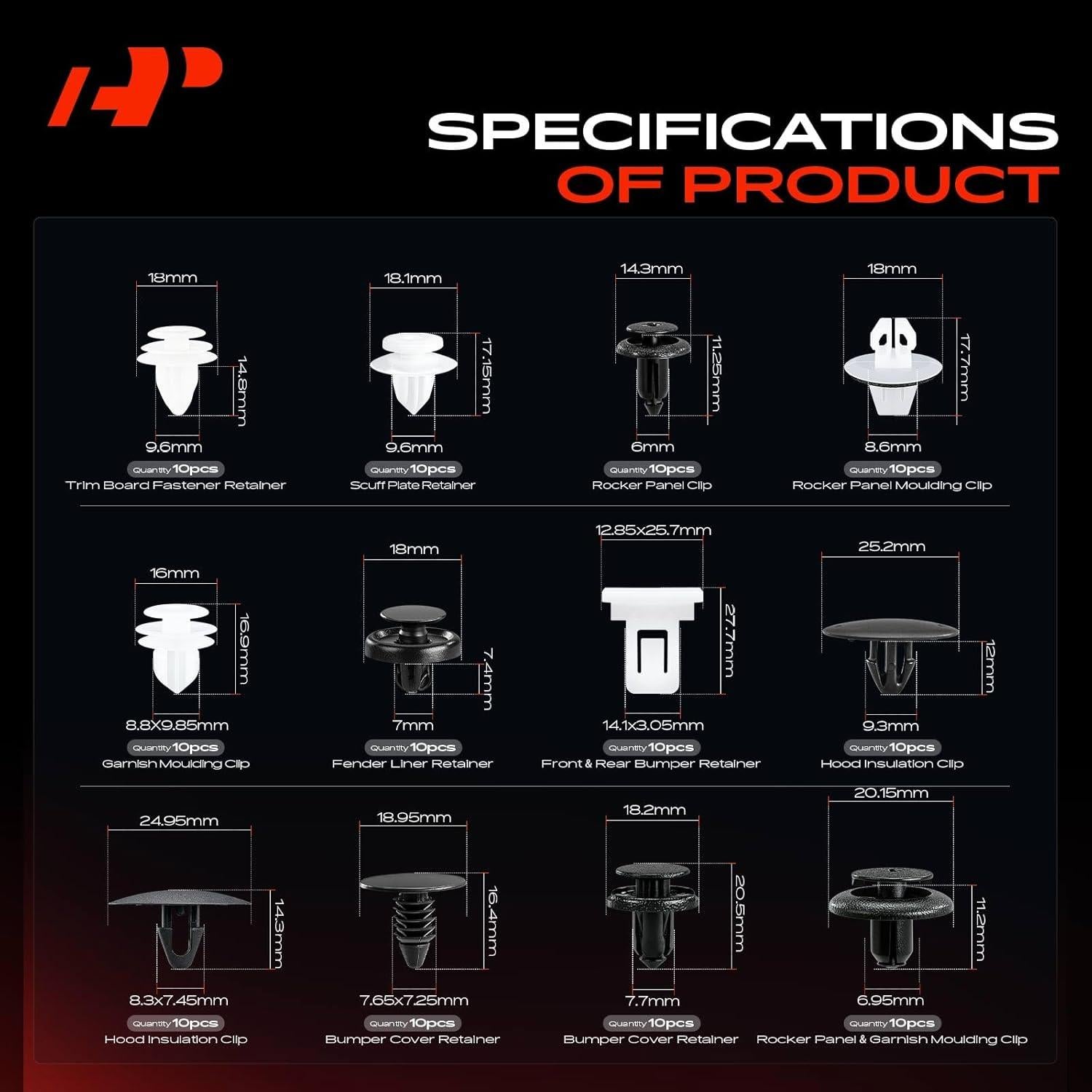 Kit de Clips de Retención A-Premium 280 Piezas para Toyota Matrix 2003-2008