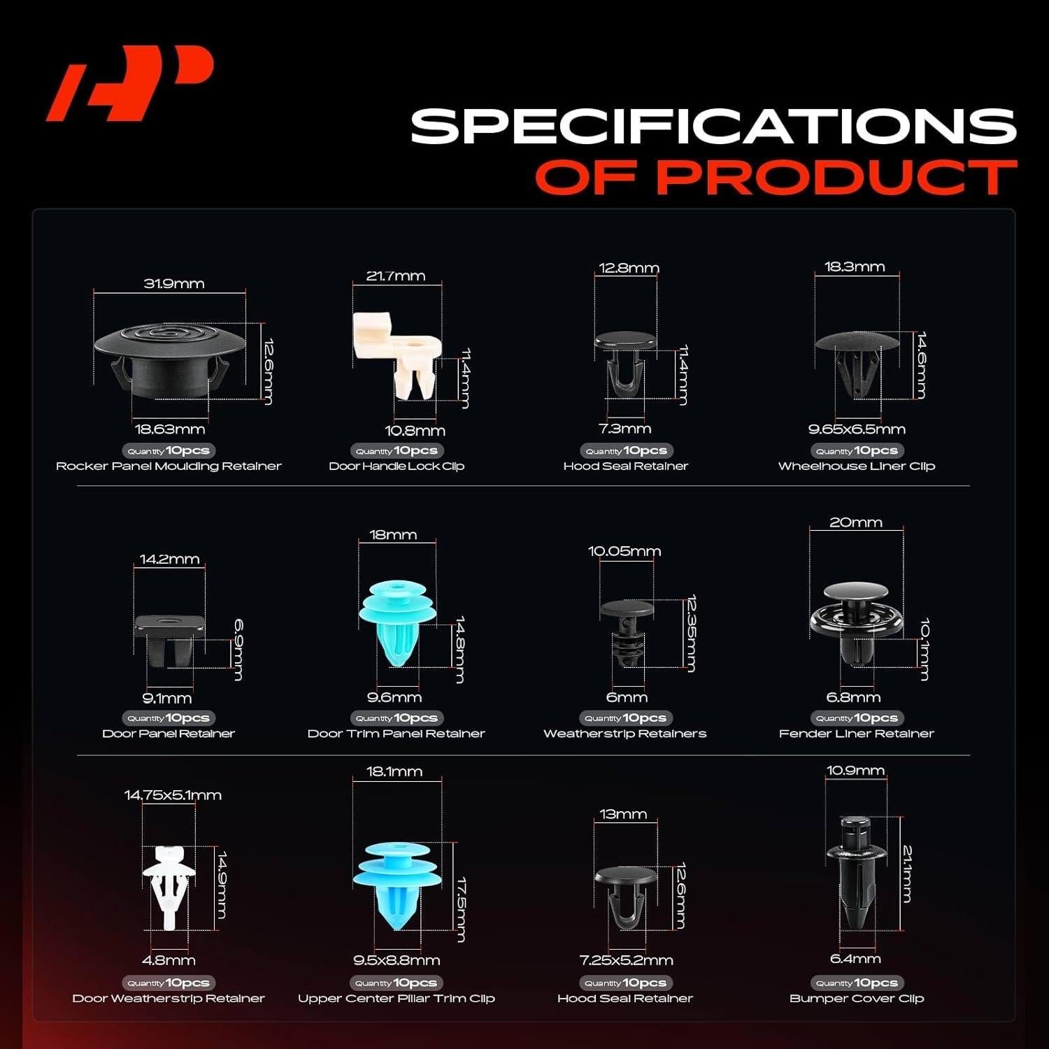 Kit de Clips de Retención A-Premium 280 Piezas para Toyota Matrix 2003-2008