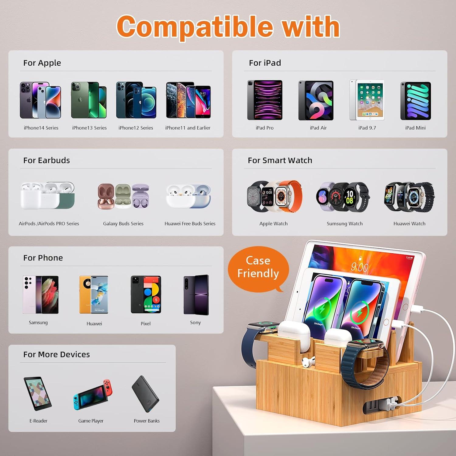 Estación de Carga de Bambú Pezin & Hulin 5 Puertos y 5 Cables