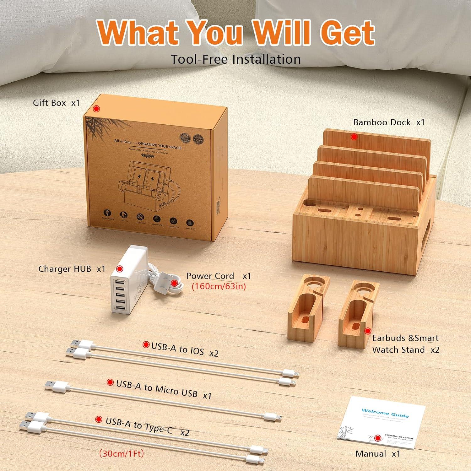 Estación de Carga de Bambú Pezin & Hulin 5 Puertos y 5 Cables