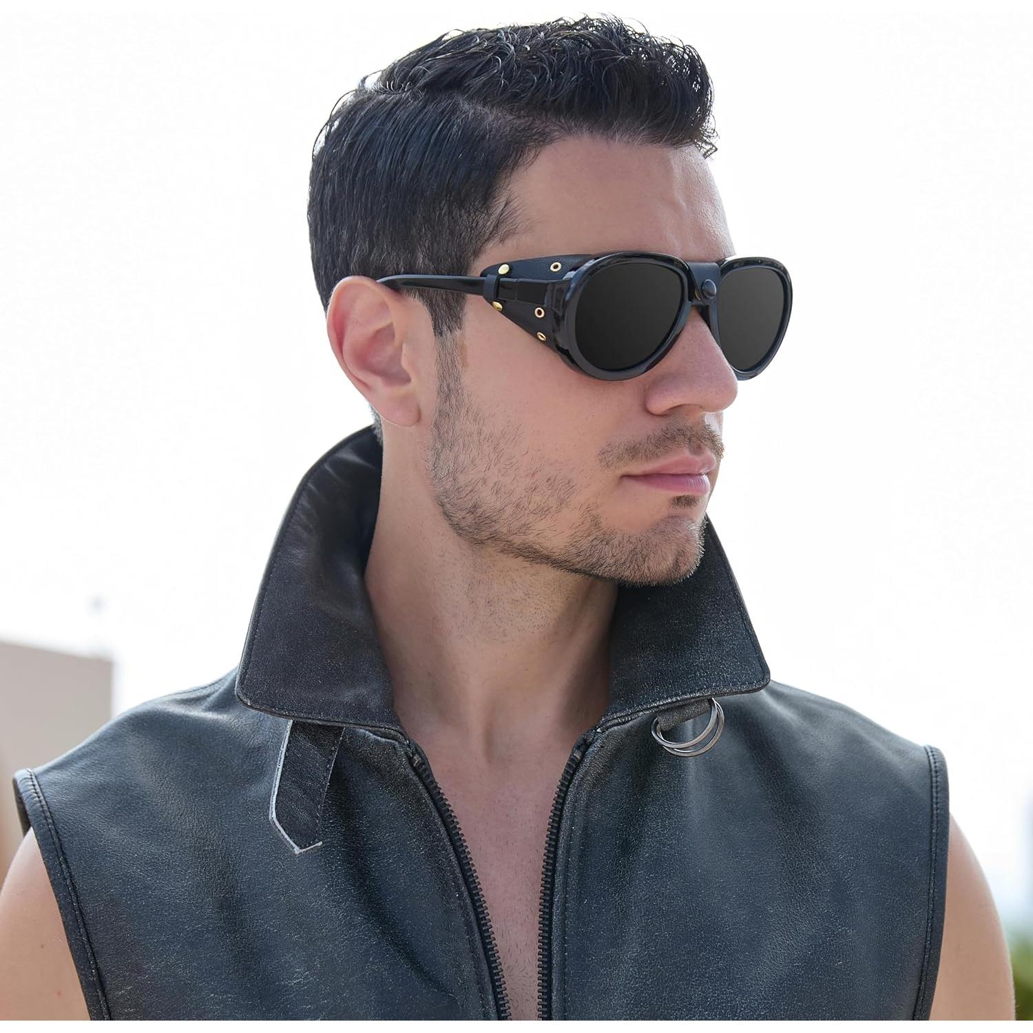 Gafas de sol retro aviador MACJERO con escudos de cuero