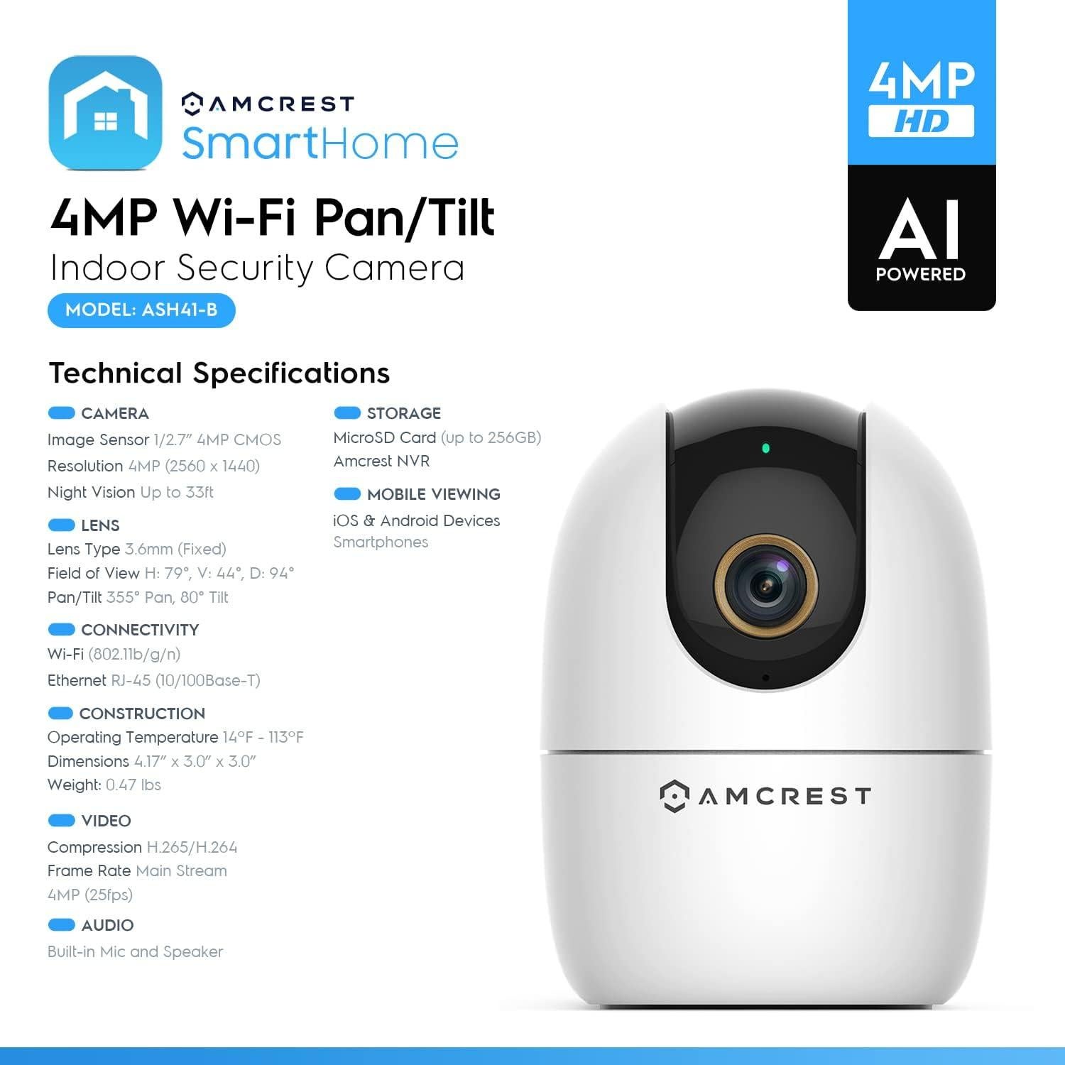 Cámara WiFi Amcrest ASH41-W 4MP con audio y visión nocturna