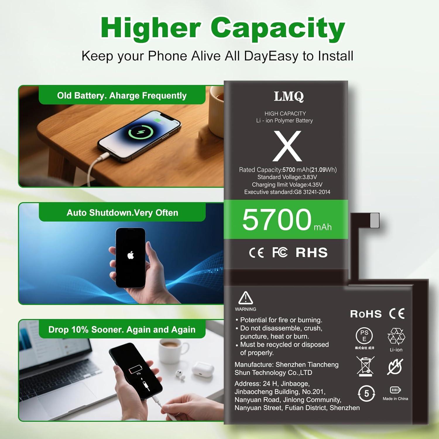 Batería LMQ 5700mAh para iPhone X - Reemplazo + Kit Herramientas