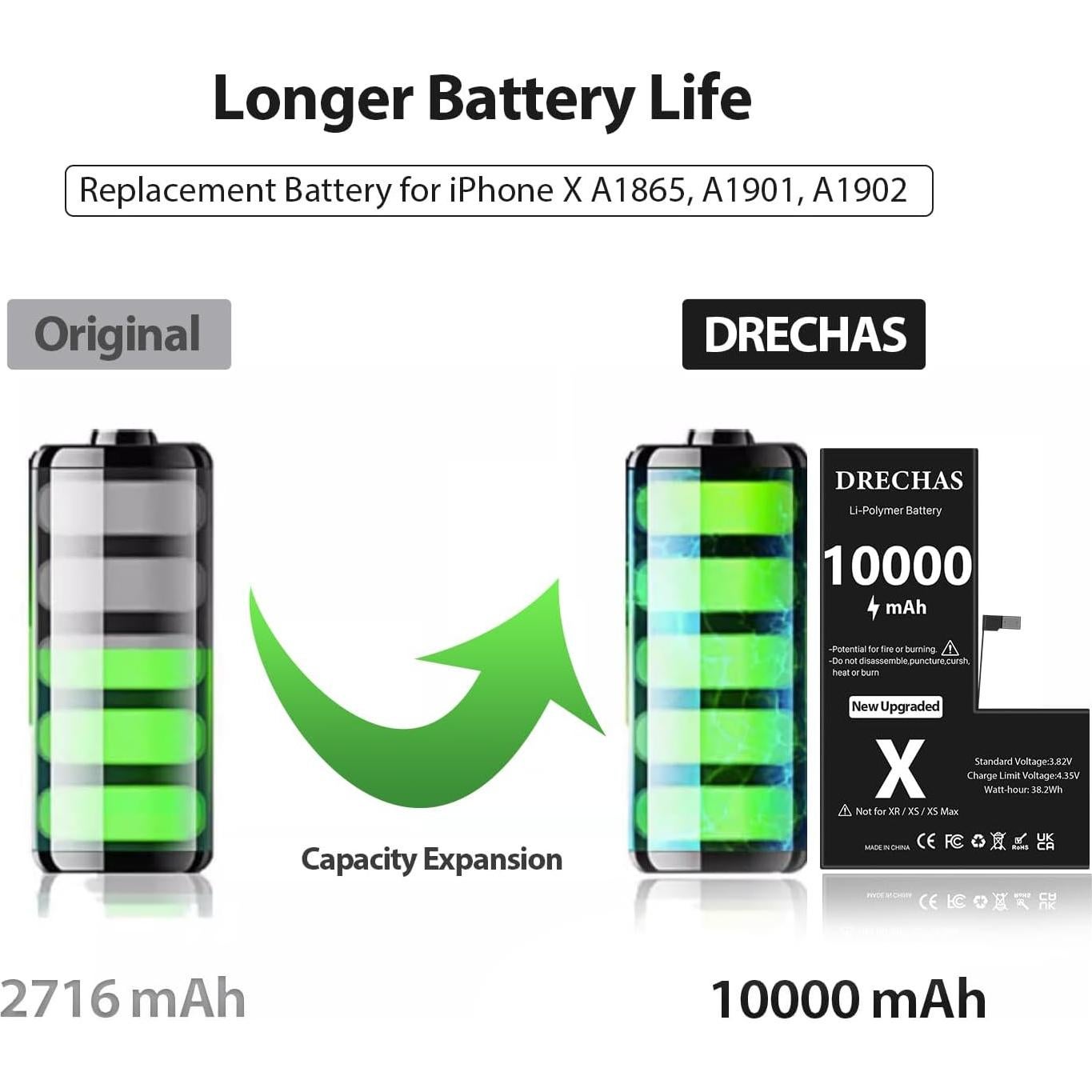 Batería de Reemplazo DRECHAS 10000mAh para iPhone X
