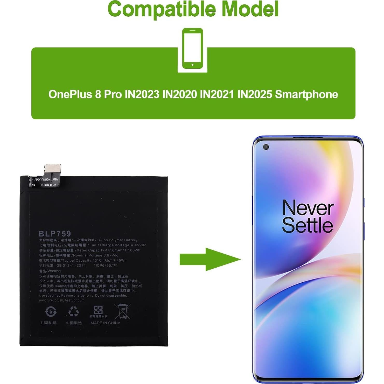 Batería de Reemplazo BLP759 para OnePlus 8 Pro 4510 mAh