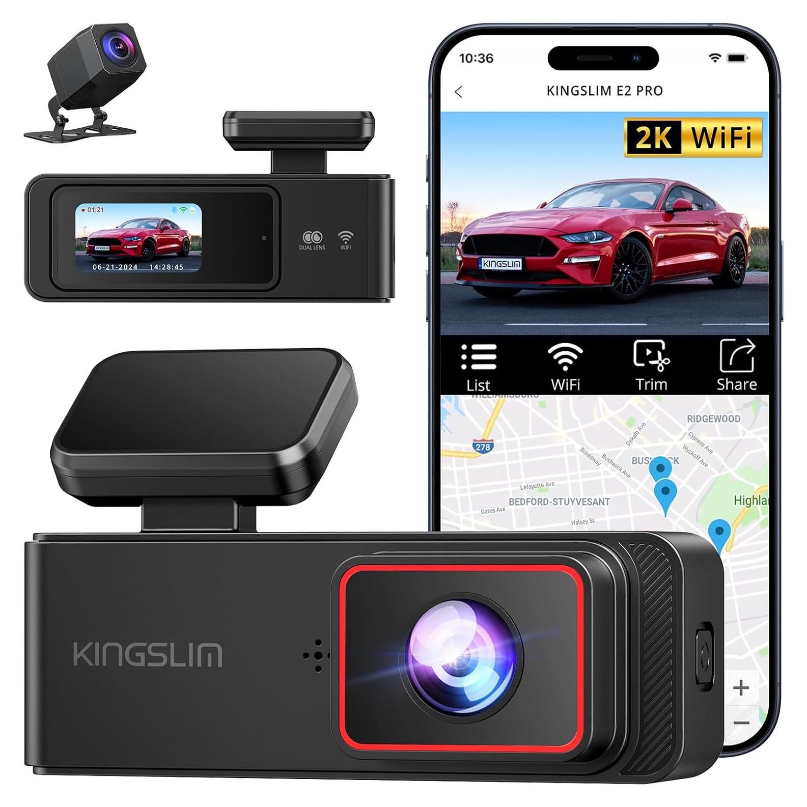 Cámara Dash KINGSLIM E2PRO Doble 2K+1080P WiFi Compacta