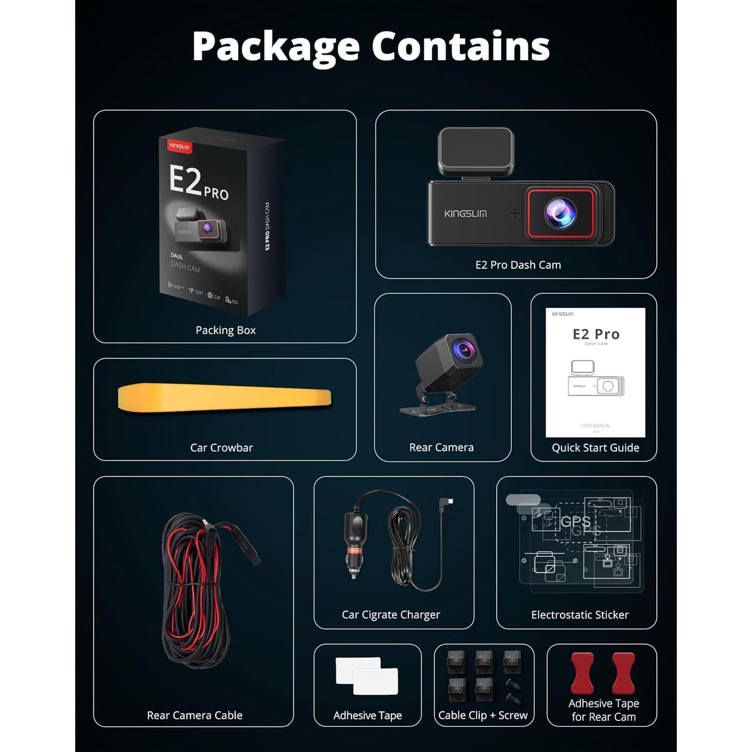 Cámara Dash KINGSLIM E2PRO Doble 2K+1080P WiFi Compacta