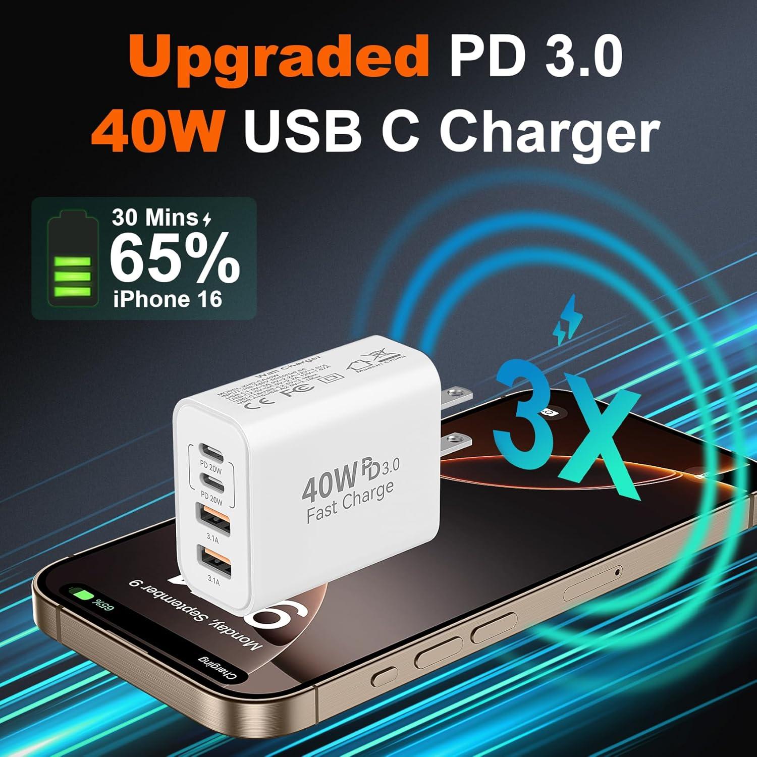 Cargador Rápido USB C 40W 4 Puertos para iPhone 17 y Samsung