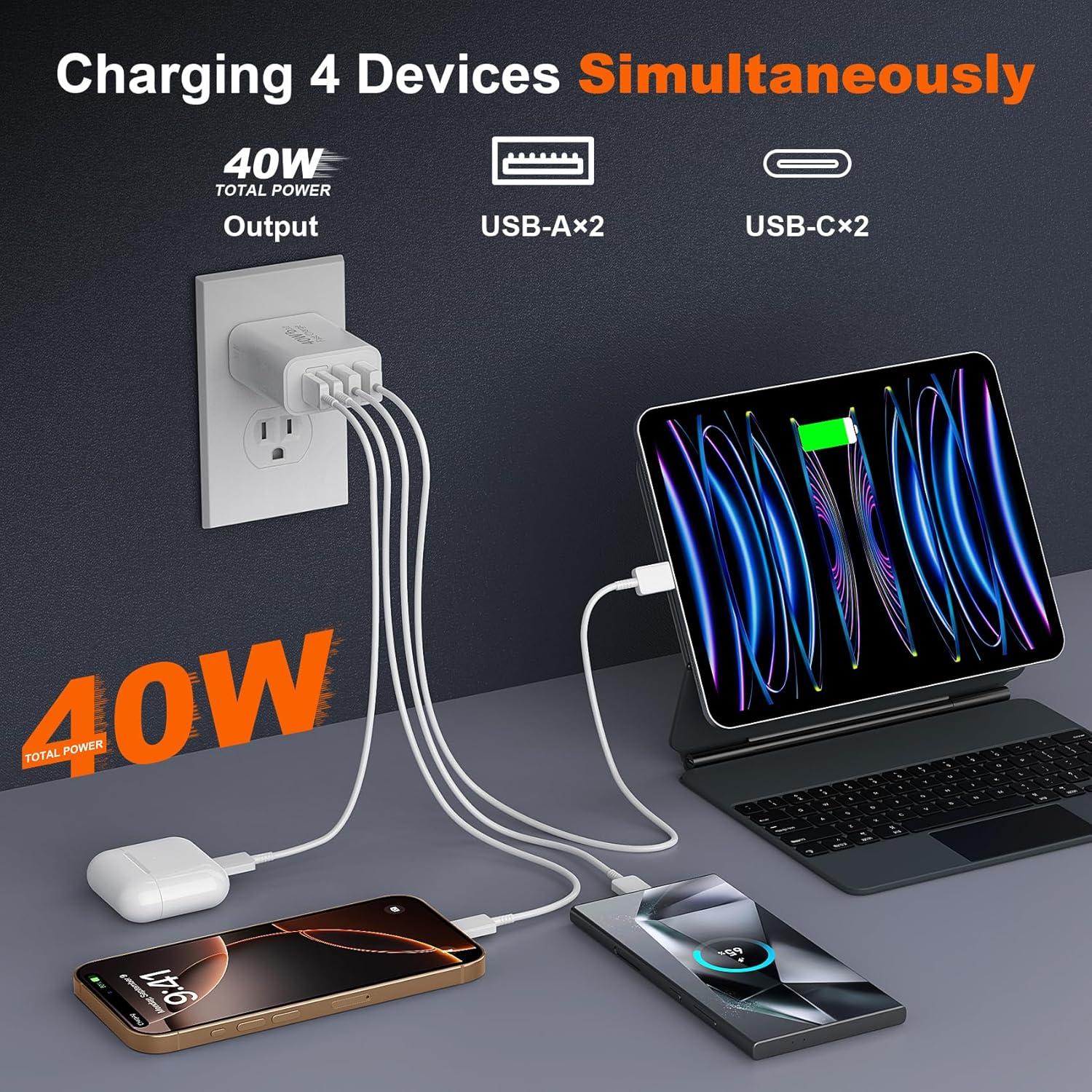 Cargador Rápido USB C 40W 4 Puertos para iPhone 17 y Samsung