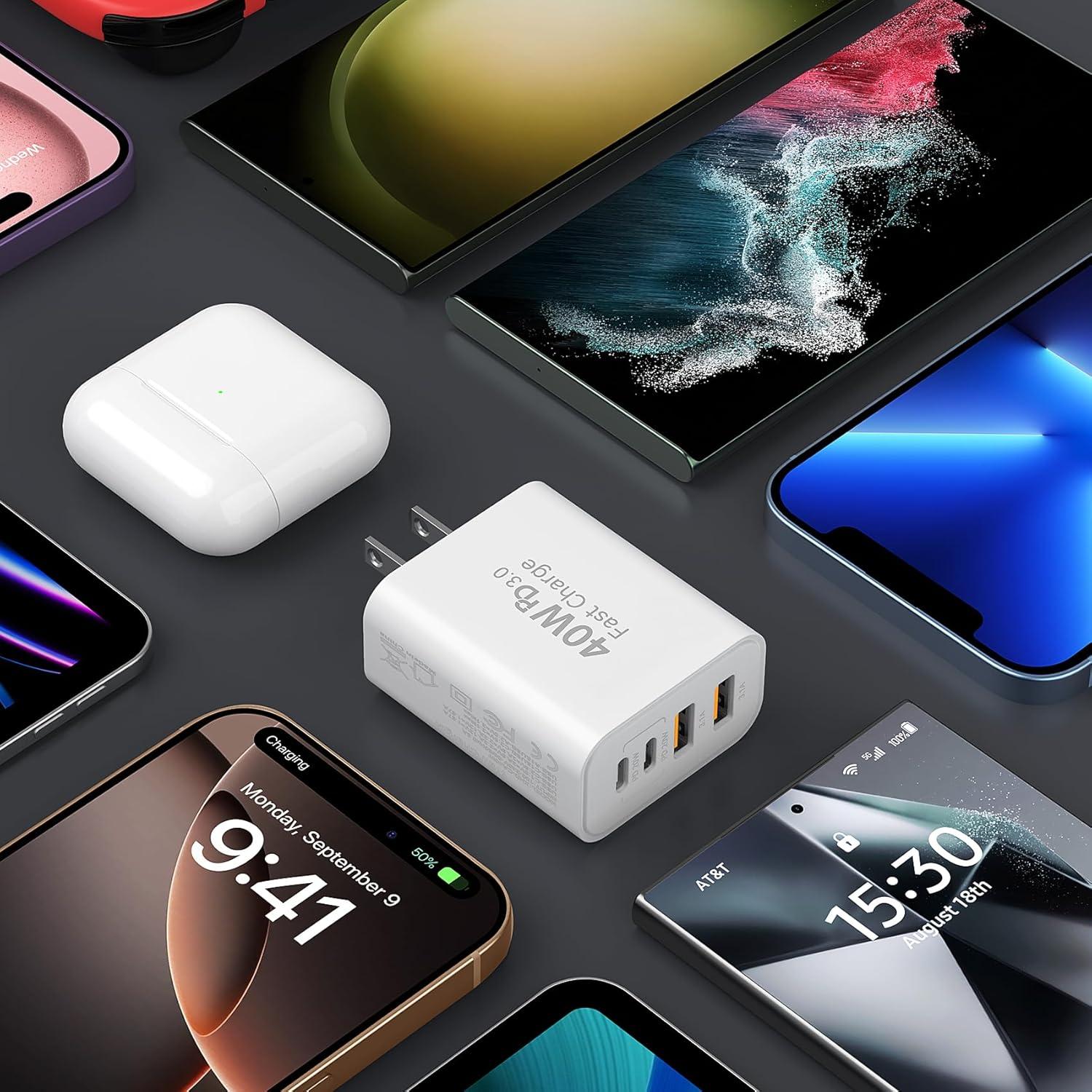 Cargador Rápido USB C 40W 4 Puertos para iPhone 17 y Samsung