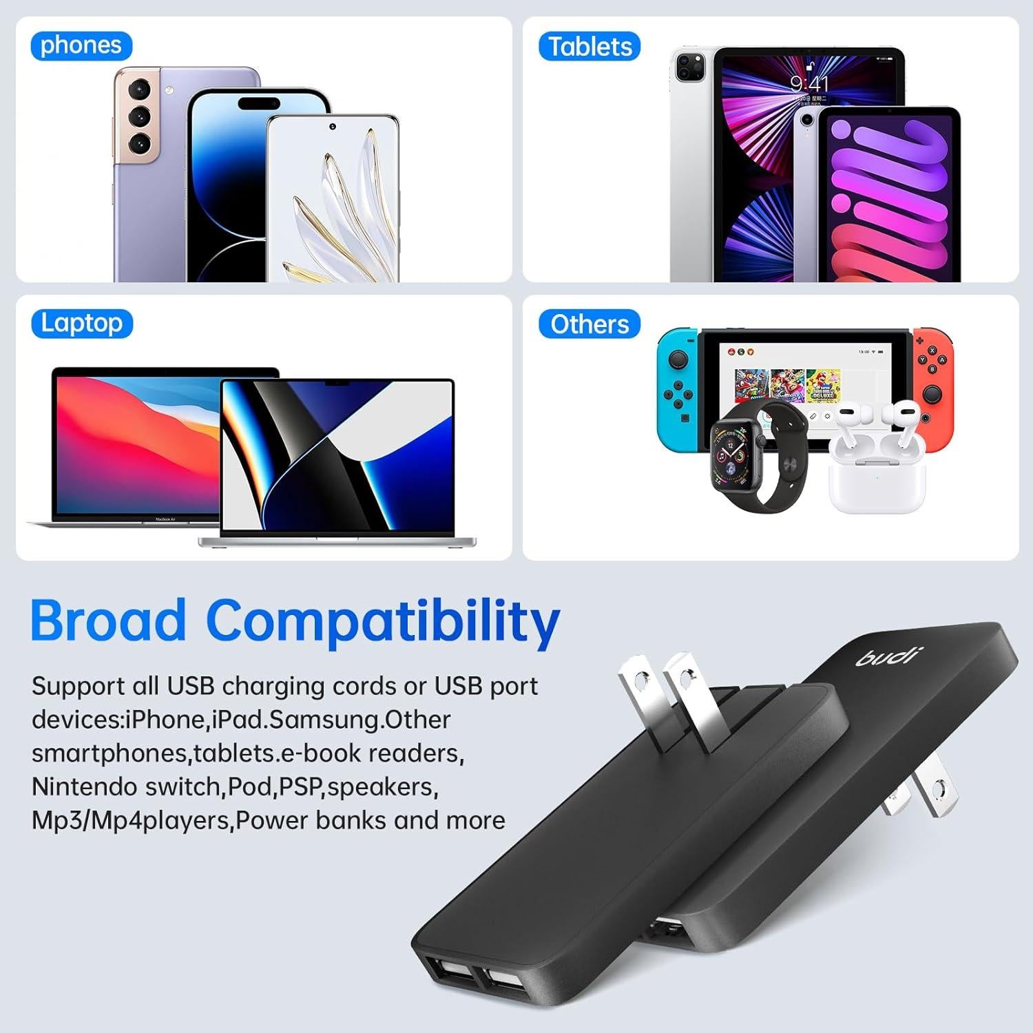 Cargador de Pared Budi 17W USB-A 2 Puertos Negro Delgado