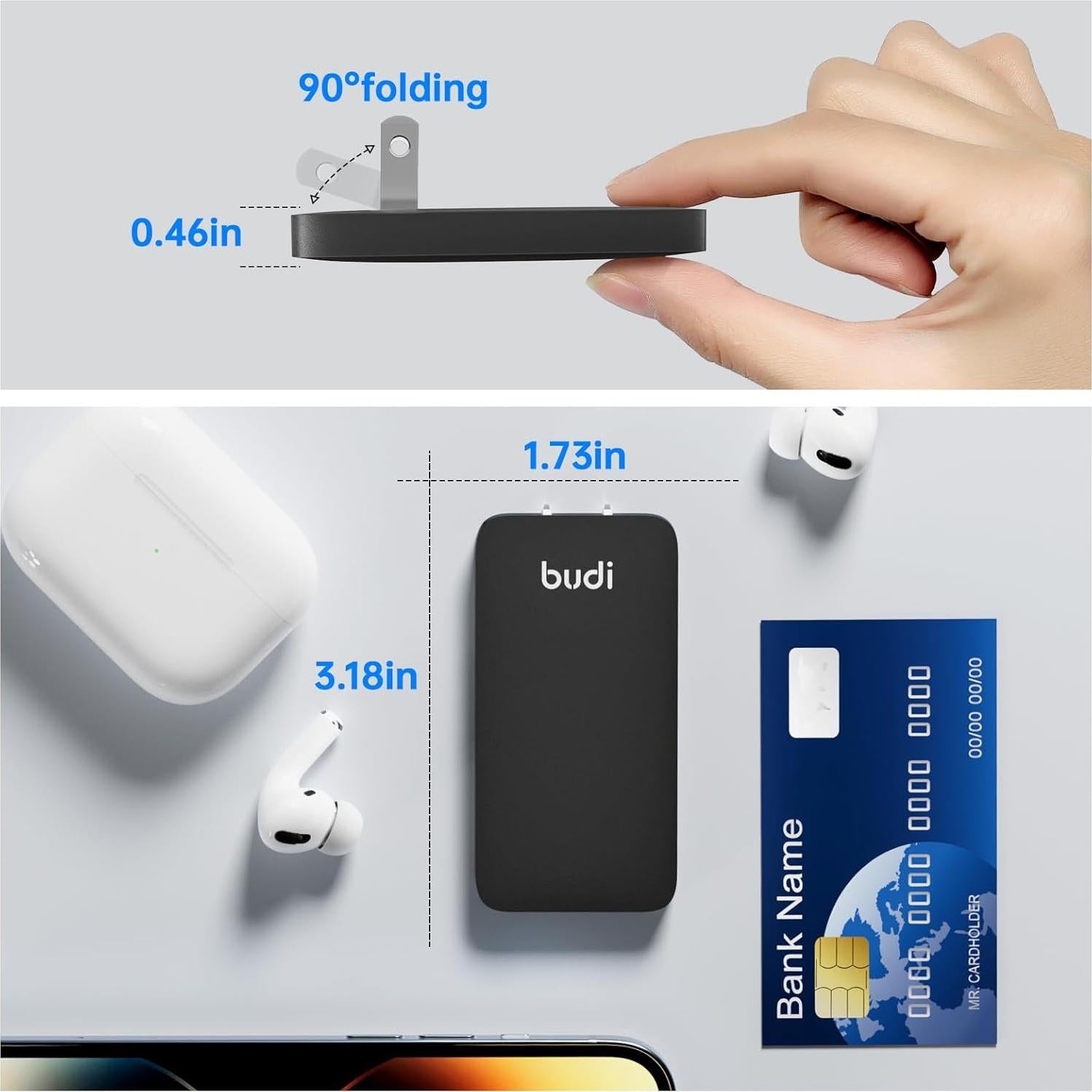 Cargador de Pared Budi 17W USB-A 2 Puertos Negro Delgado