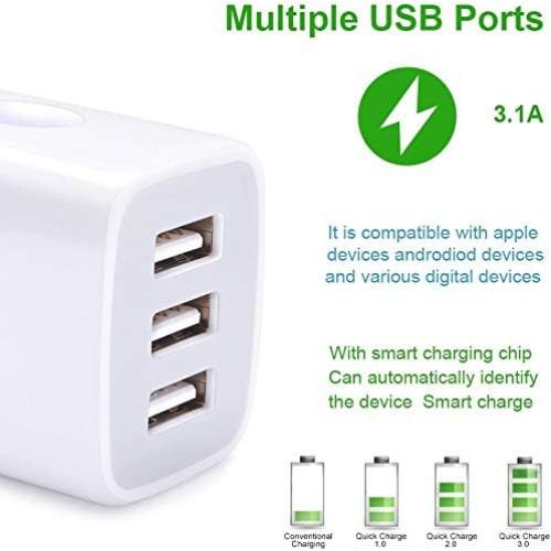 Cargador de Pared USB Sicodo 3 Puertos 3.1A Carga Rápida