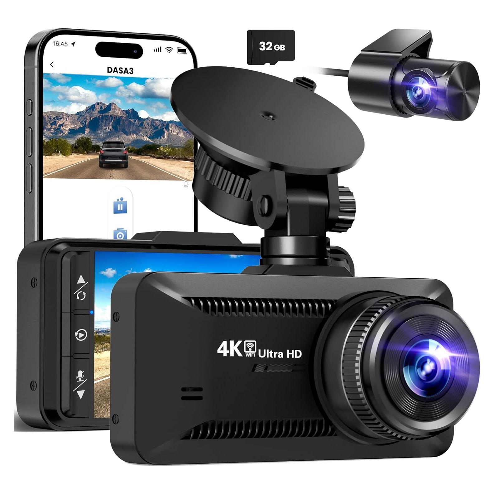 Dash Cam Front and Rear 4K/1080P, Dash Camera for Cars Build in WiFi, Full HD Dash Cam with APP Control, 3.94'' IPS Screen Dash Camera with 32GB SD Card, G-Sensor, 24Hr Parking Mote, Loop Recording