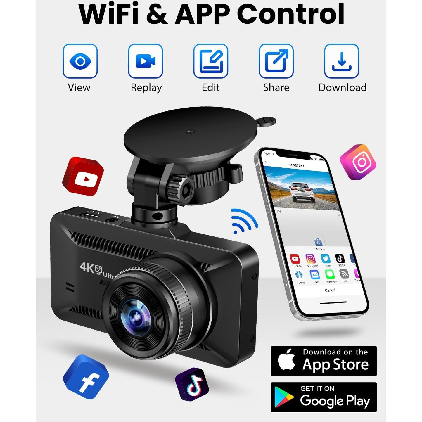 Dash Cam Front and Rear 4K/1080P, Dash Camera for Cars Build in WiFi, Full HD Dash Cam with APP Control, 3.94'' IPS Screen Dash Camera with 32GB SD Card, G-Sensor, 24Hr Parking Mote, Loop Recording