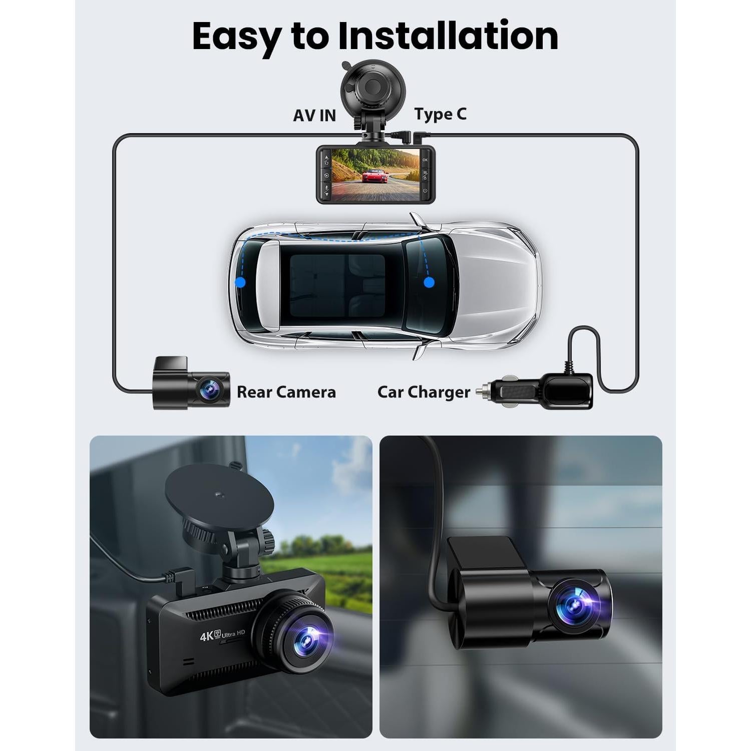 Dash Cam Front and Rear 4K/1080P, Dash Camera for Cars Build in WiFi, Full HD Dash Cam with APP Control, 3.94'' IPS Screen Dash Camera with 32GB SD Card, G-Sensor, 24Hr Parking Mote, Loop Recording