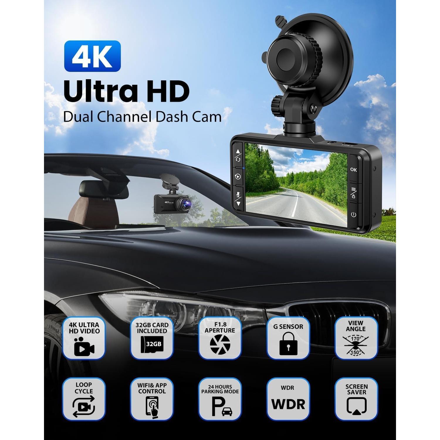 Dash Cam Front and Rear 4K/1080P, Dash Camera for Cars Build in WiFi, Full HD Dash Cam with APP Control, 3.94'' IPS Screen Dash Camera with 32GB SD Card, G-Sensor, 24Hr Parking Mote, Loop Recording