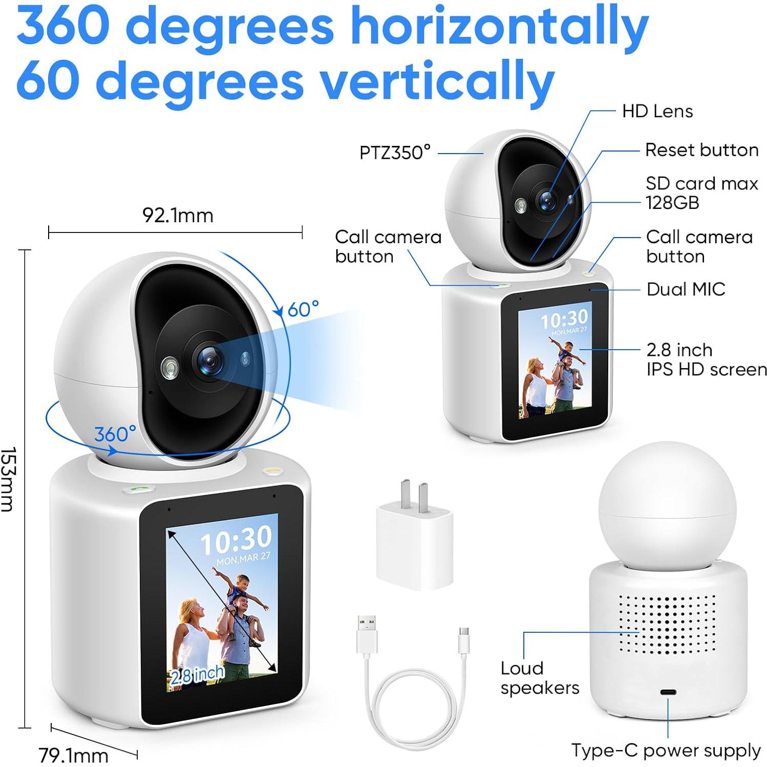2K Two-Way Video/Audio Indoor Camera, Child/Elder/Dog/Pet Camera with Phone App& 360 Degrees Pan Tilt, Night Vision, One-Button Call, Motion Detection, Human/Sound/Crying Detection (Dome Camera)