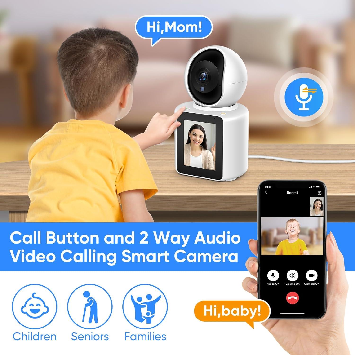 2K Two-Way Video/Audio Indoor Camera, Child/Elder/Dog/Pet Camera with Phone App& 360 Degrees Pan Tilt, Night Vision, One-Button Call, Motion Detection, Human/Sound/Crying Detection (Dome Camera)
