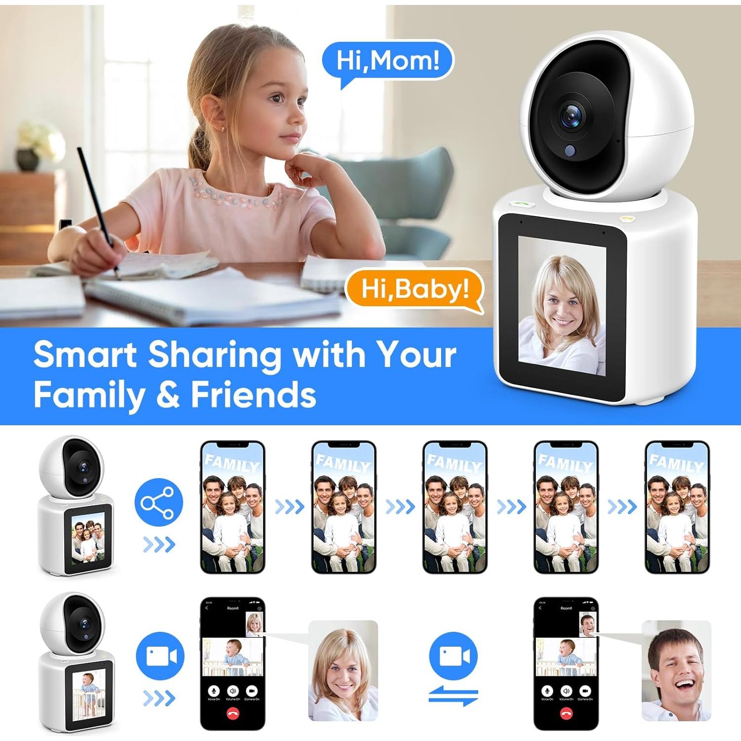 2K Two-Way Video/Audio Indoor Camera, Child/Elder/Dog/Pet Camera with Phone App& 360 Degrees Pan Tilt, Night Vision, One-Button Call, Motion Detection, Human/Sound/Crying Detection (Dome Camera)