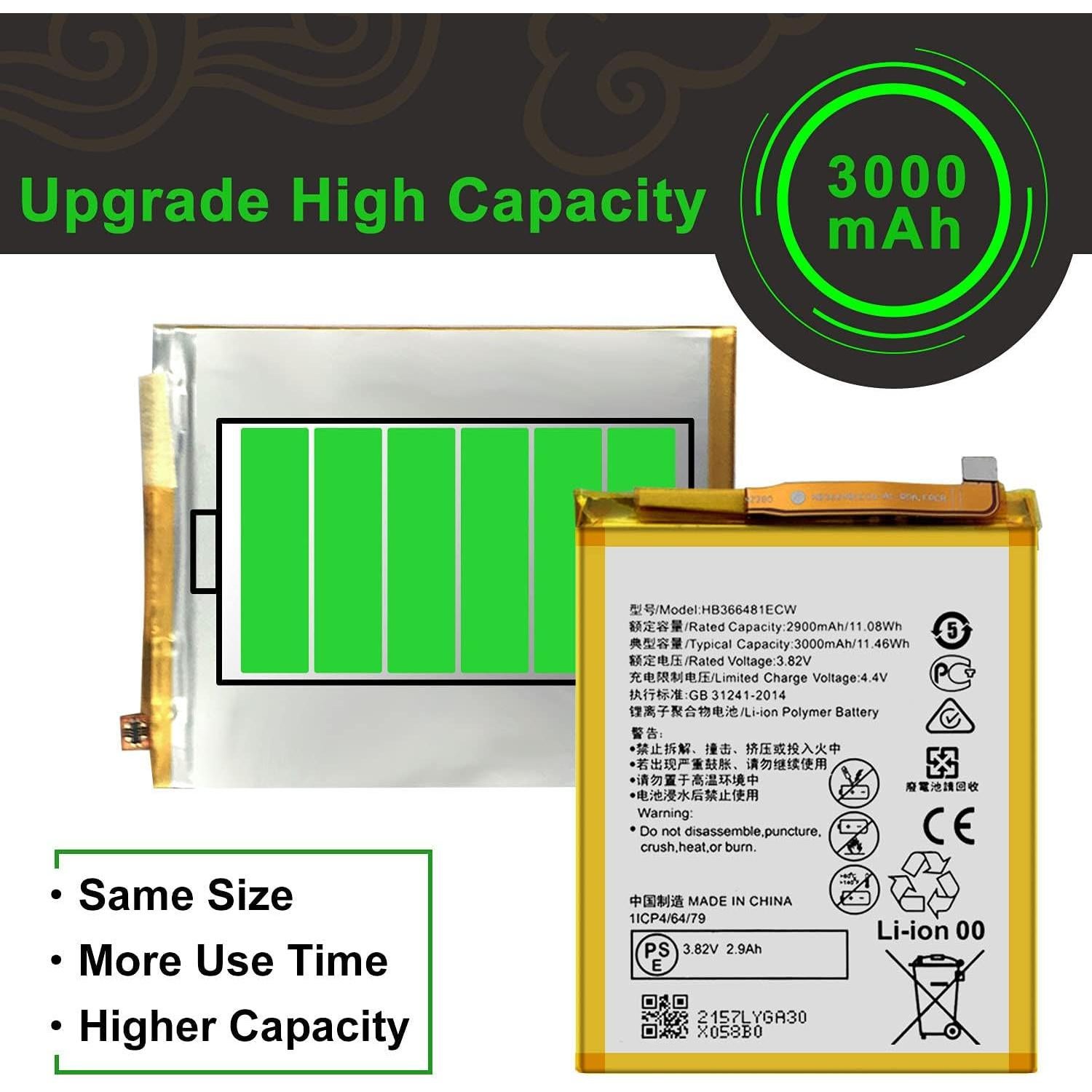 Batería de Reemplazo WUHAO para Huawei P10 Lite HB366481ECW-11