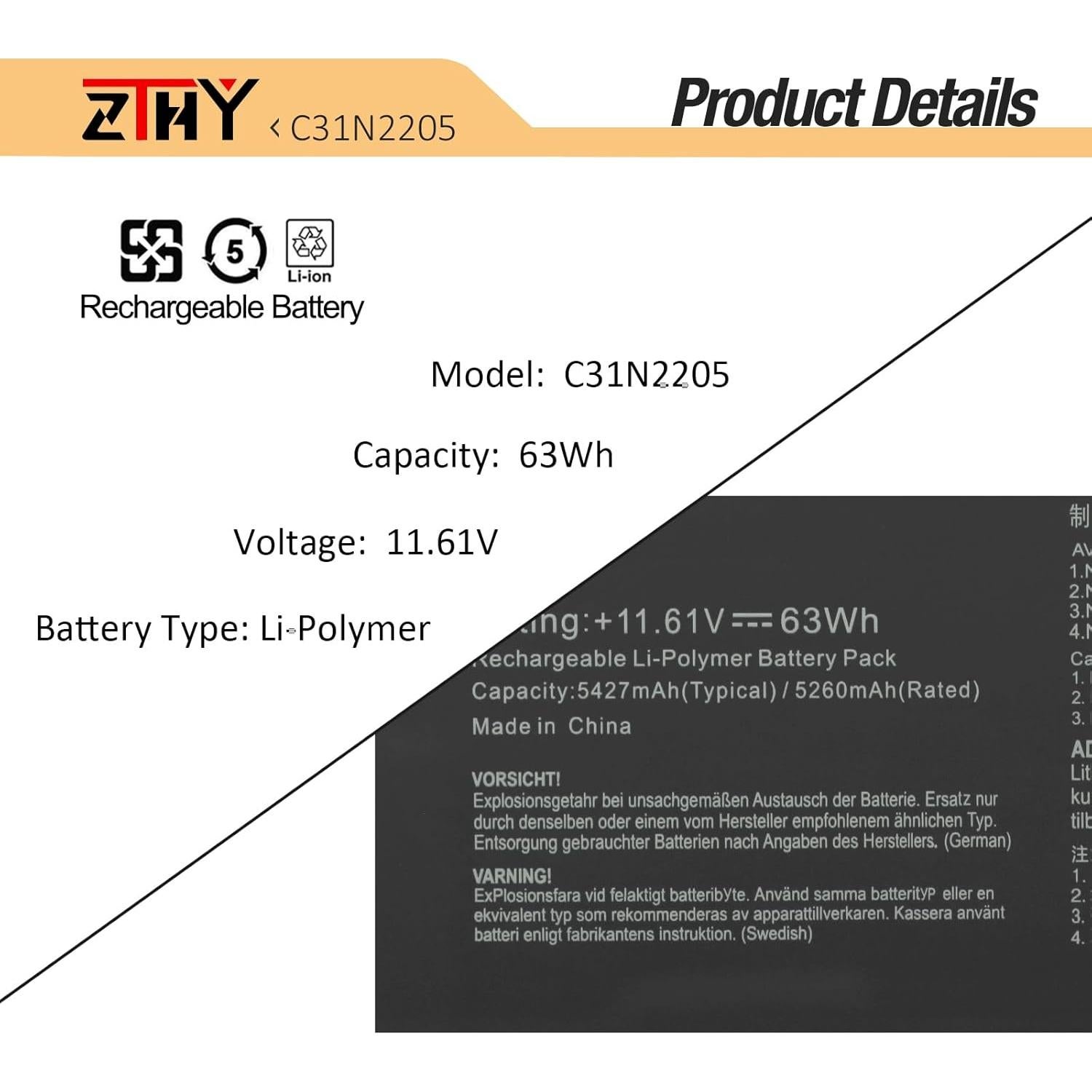 Batería ZTHY C31N2205 para Asus Chromebook Vibe 11.61V 63Wh