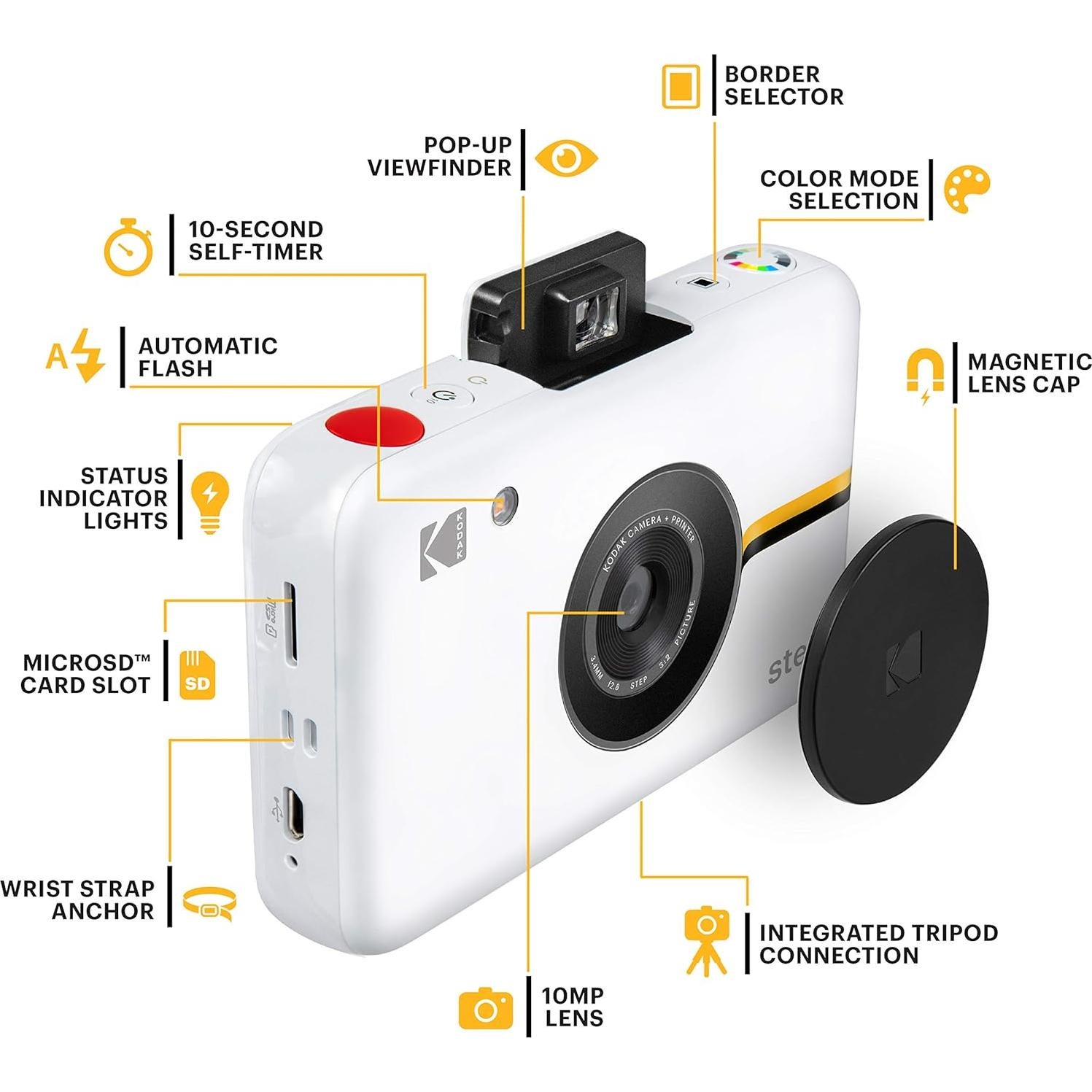 Step Camera Instant Camera with 10MP Image Sensor, ZINK Zero Ink Technology, Classic Viewfinder, Selfie Mode, Auto Timer, Built-in Flash & 6 Picture Modes | White.