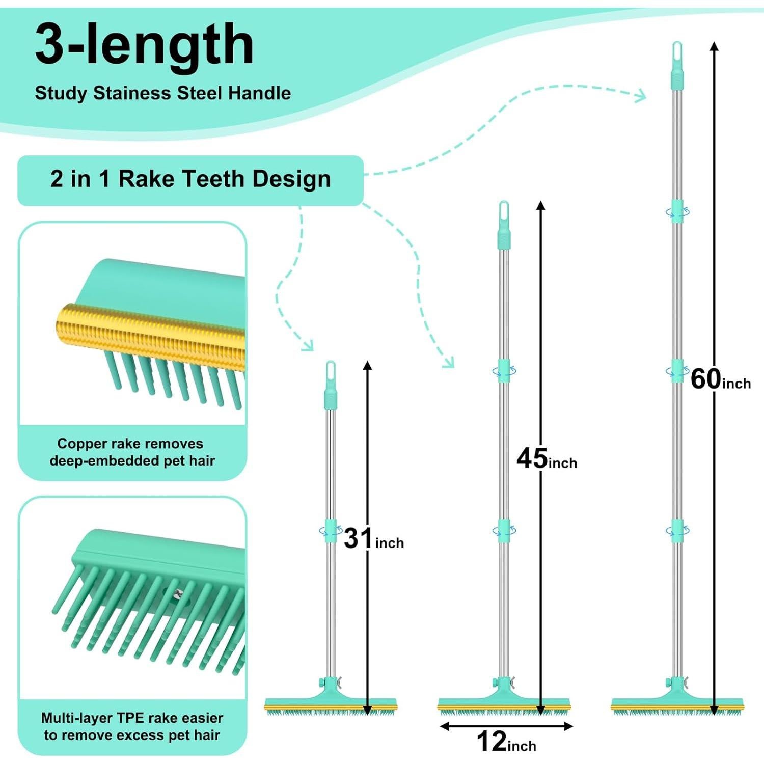 Rastrillo para Alfombras Nrefpun 3 en 1 Mango Ajustable 60"
