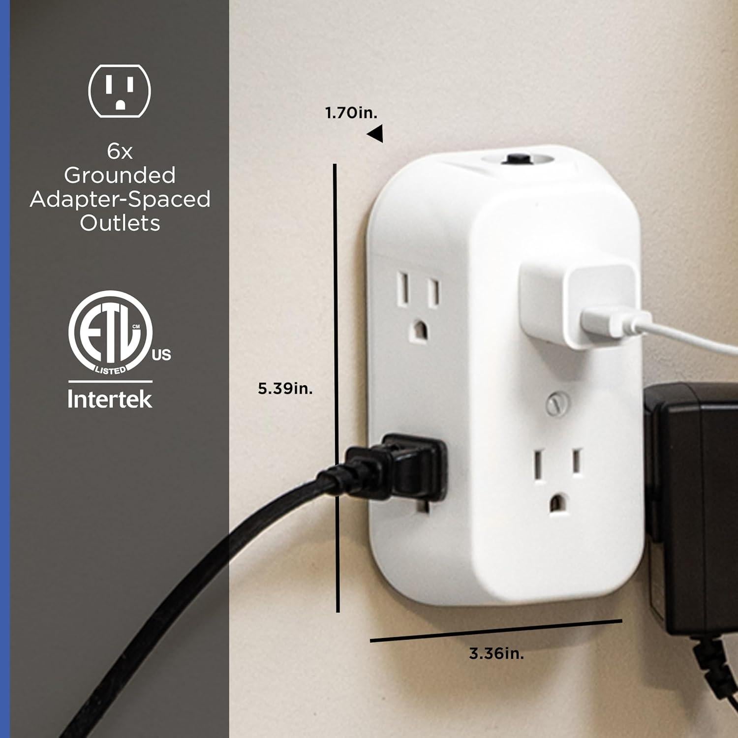 Enchufe de Pared GE 6 Salidas con Tierra y Interruptor Blanco