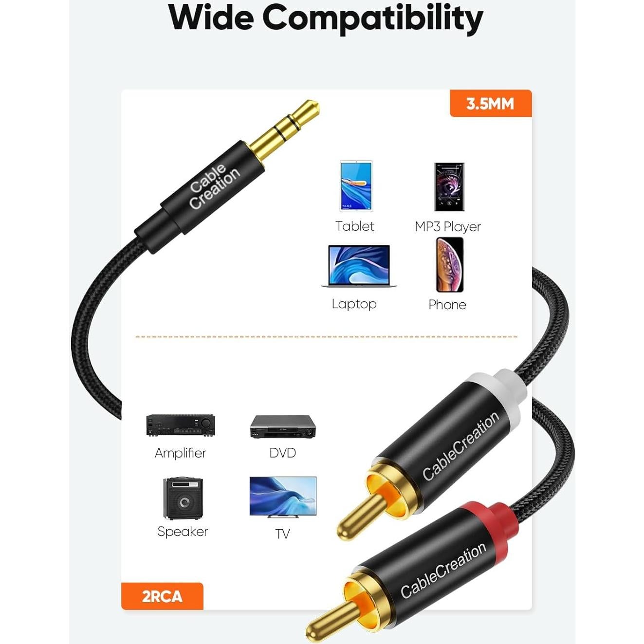 Cable de Audio 3.5mm a 2 RCA CableCreation 2.01m Estéreo