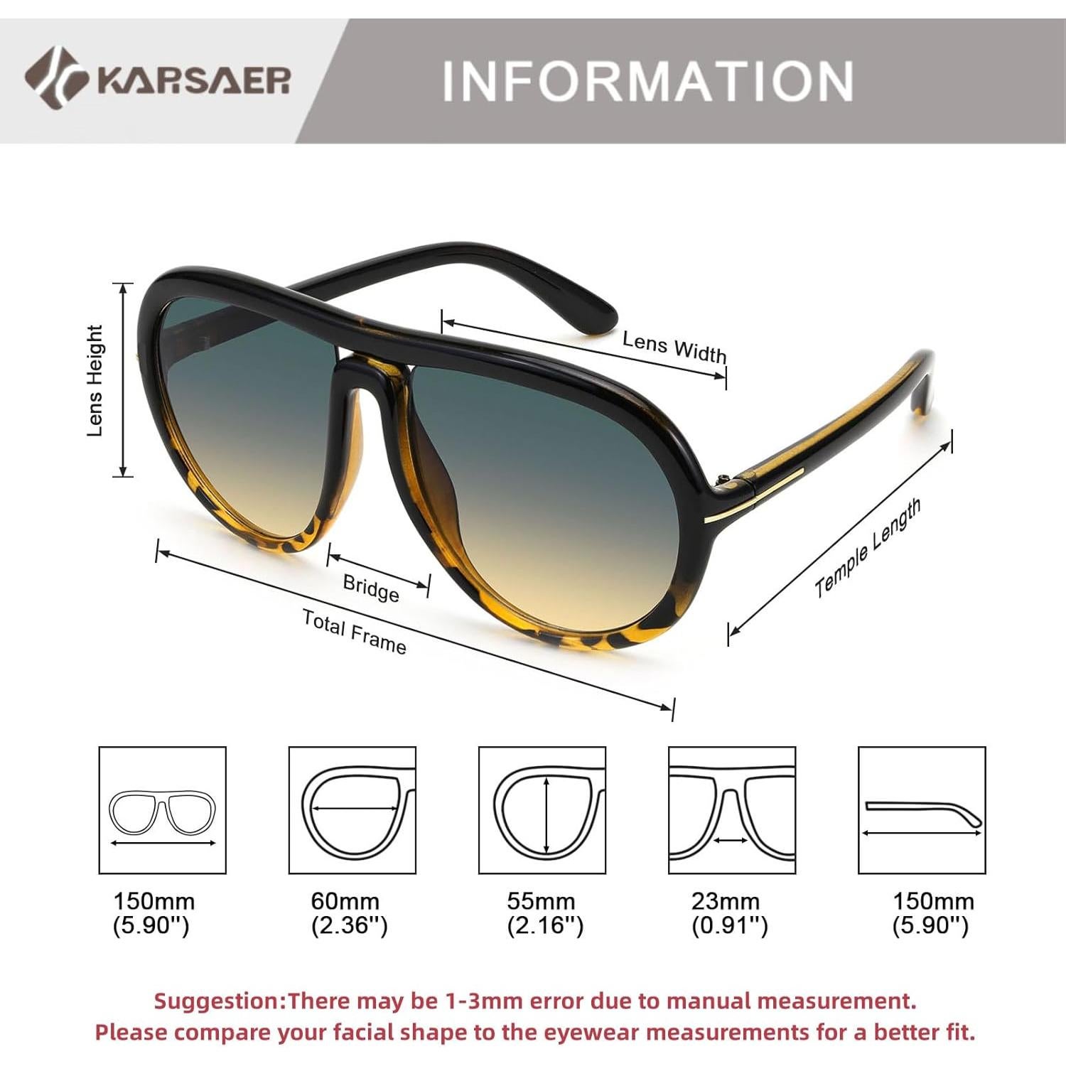 Gafas de sol aviador Karsaer unisex 60mm protección UV