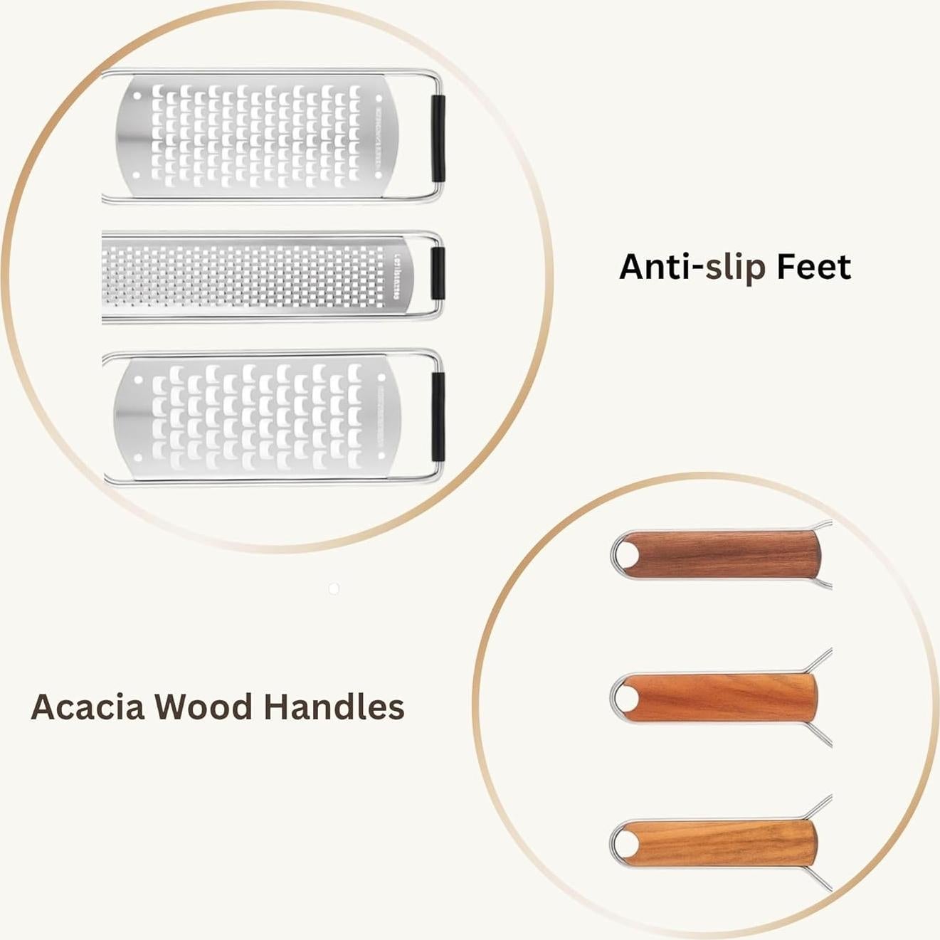 Set de Ralladores NAZANIN 3 Piezas Acero Inoxidable y Madera