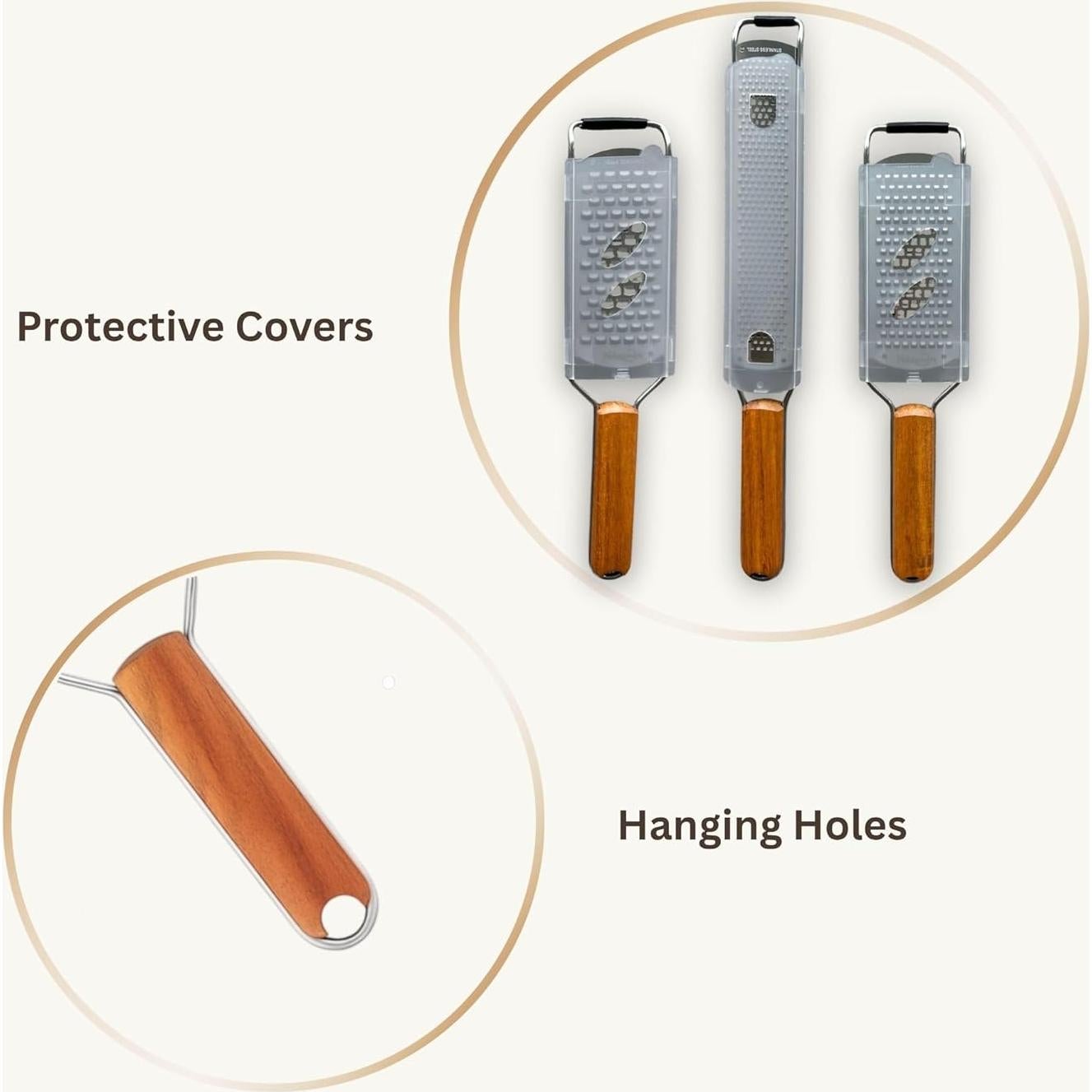 Set de Ralladores NAZANIN 3 Piezas Acero Inoxidable y Madera