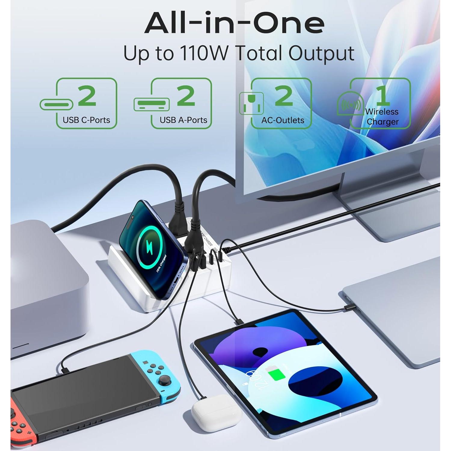 Estación de Carga USB C TOPOINT 7 en 1 65W Cargador Inalámbrico