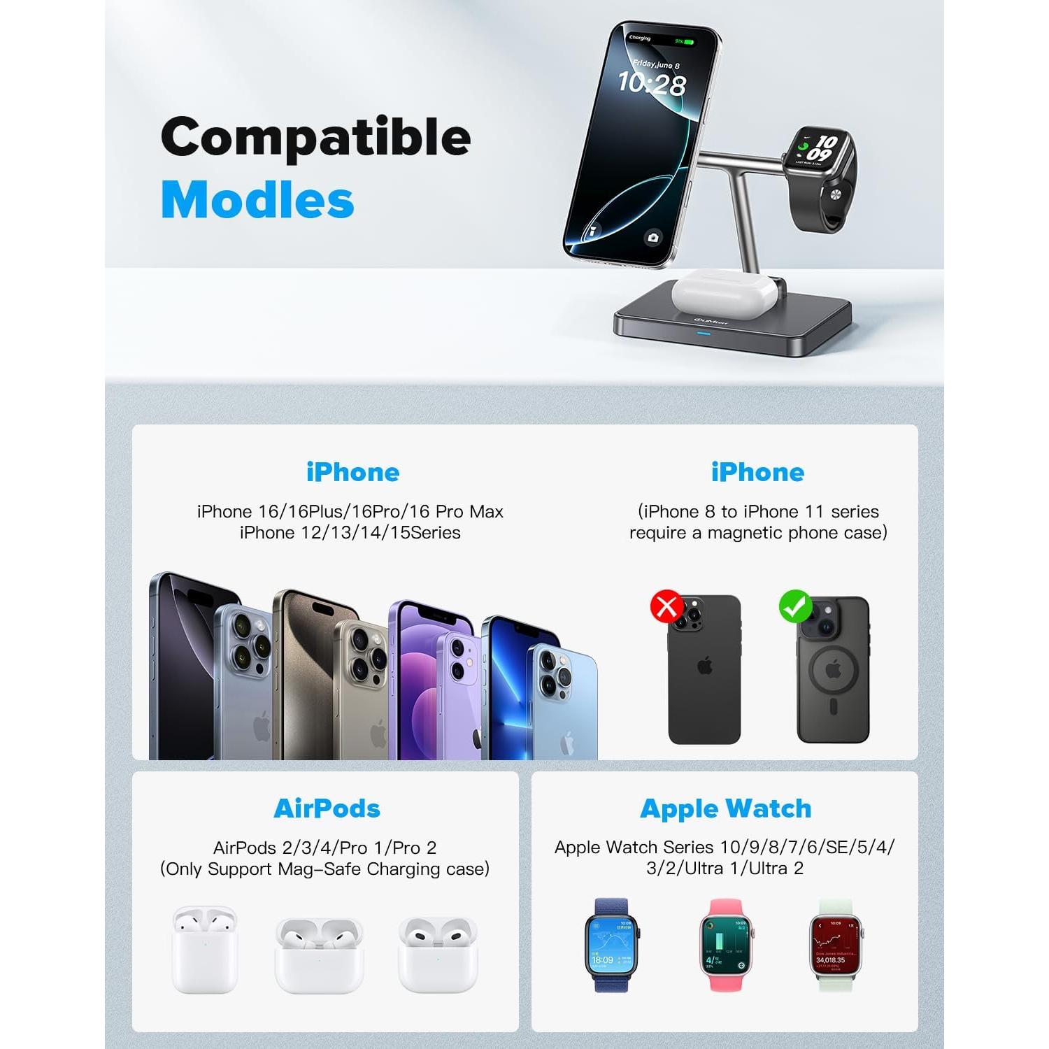 DUMTERR Estación Carga Inalámbrica 3 en 1 para iPhone 16/15/14/13/12