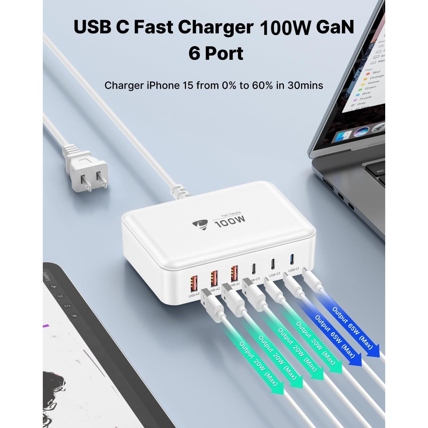 Cargador Rápido USB C 100W Aioen 6 Puertos Blanco