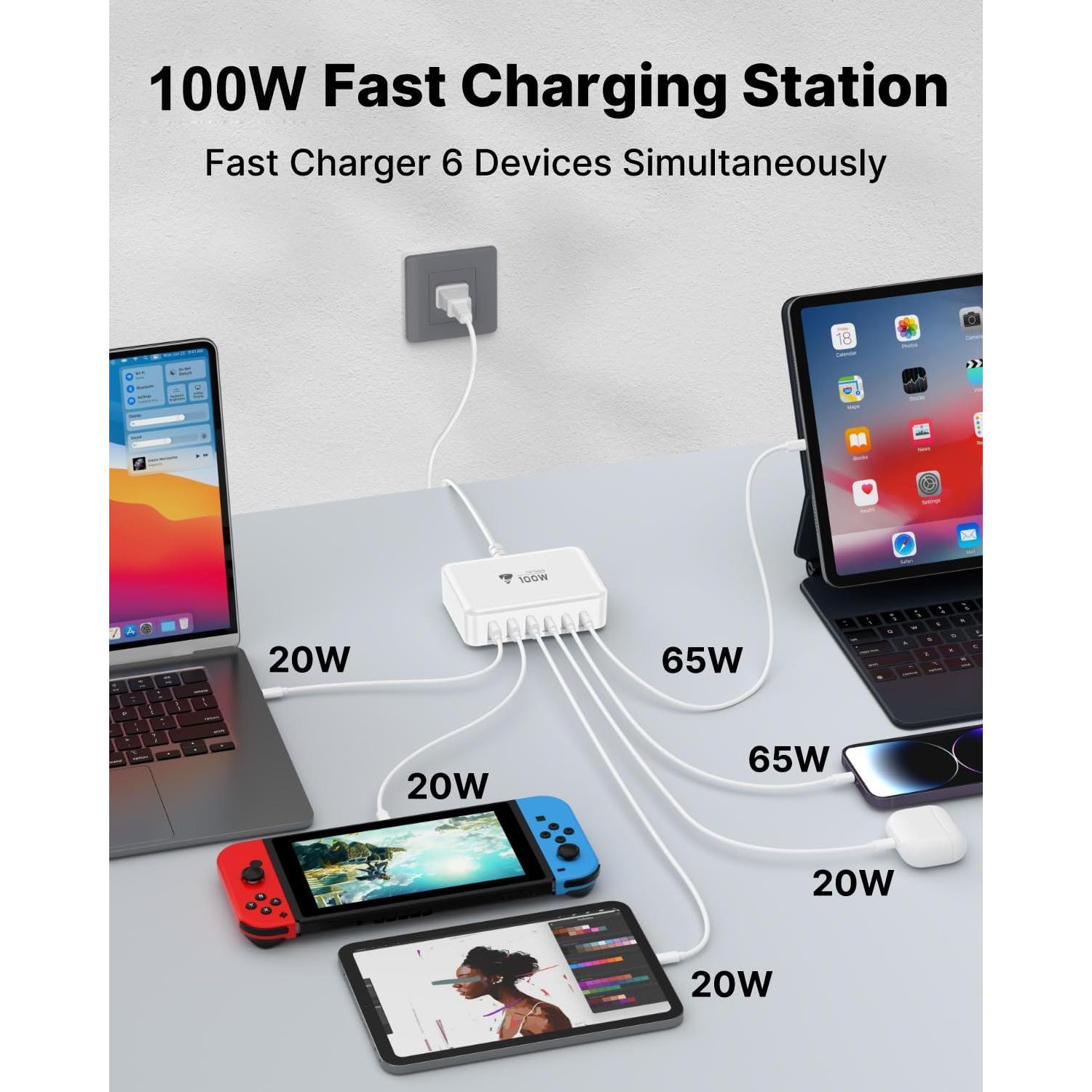 Cargador Rápido USB C 100W Aioen 6 Puertos Blanco