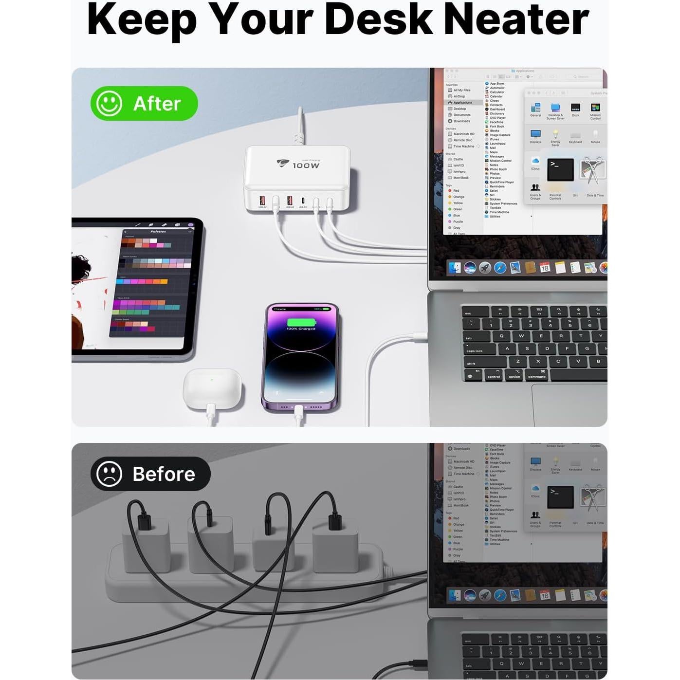 Cargador Rápido USB C 100W Aioen 6 Puertos Blanco