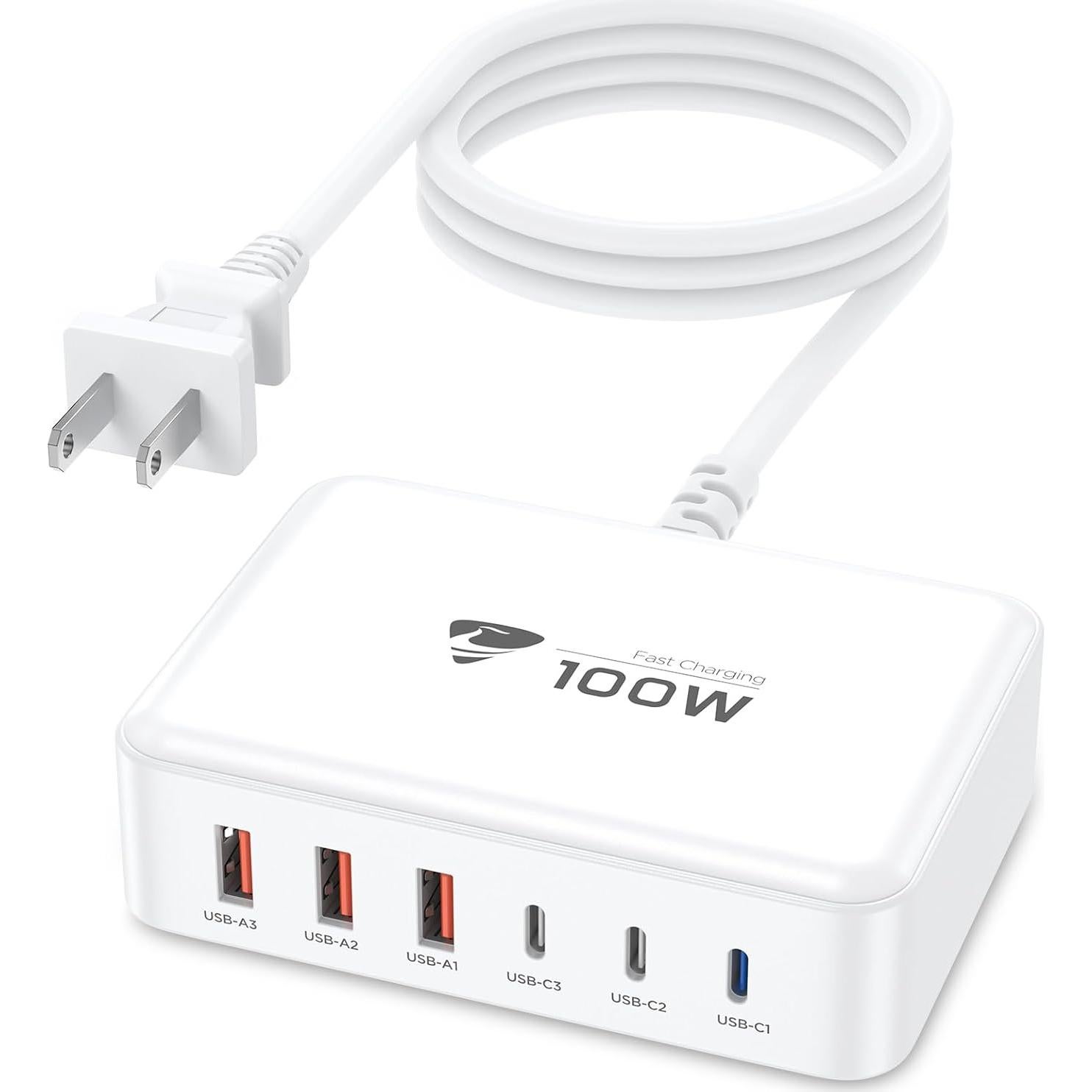 Cargador Rápido USB C 100W Aioen 6 Puertos Blanco