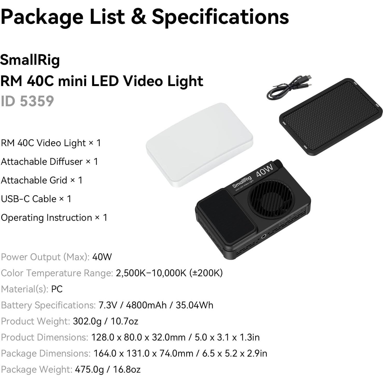 Luz de Video LED RGB SmallRig RM 40C 4800mAh Pantalla LCD