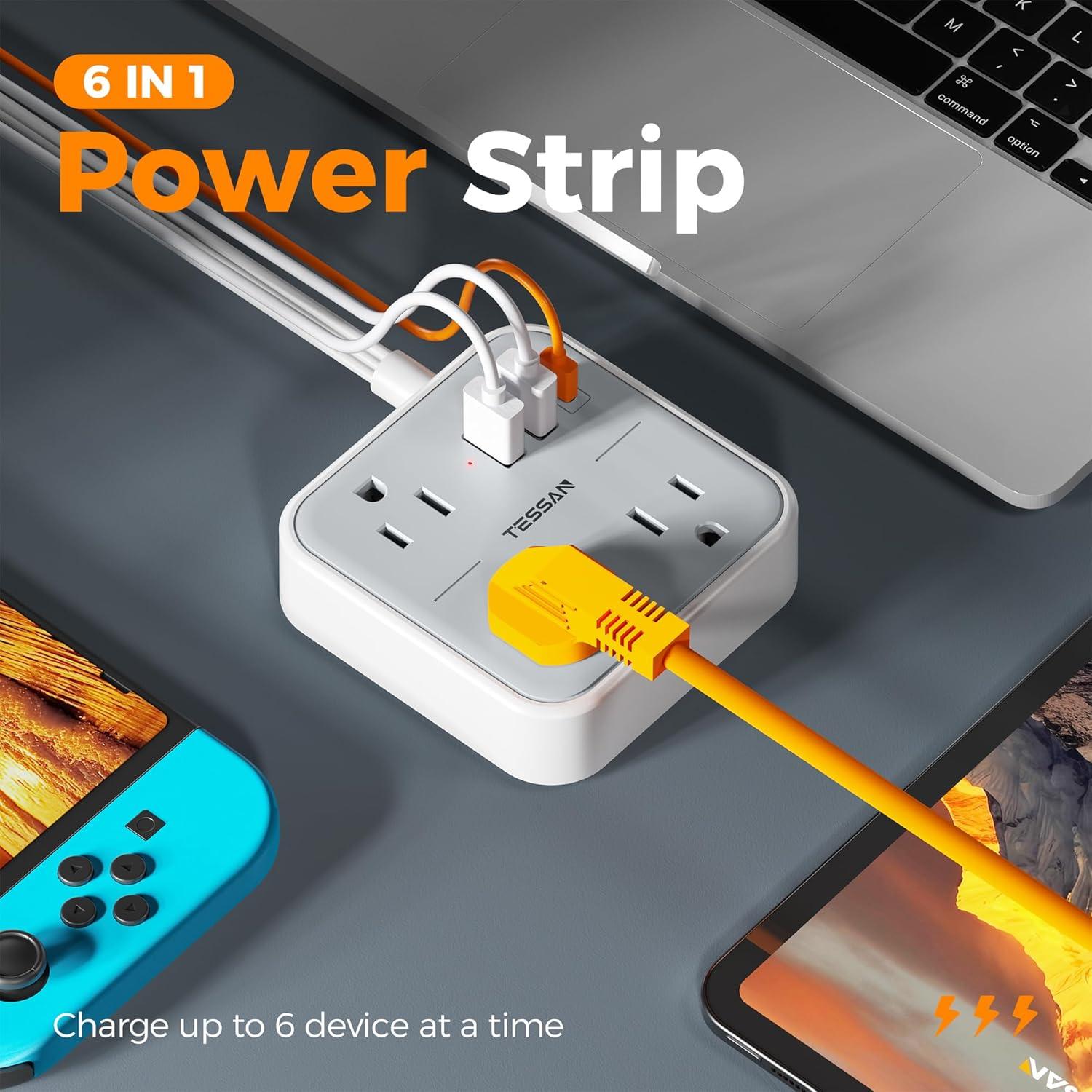 Regleta de Poder Plana TESSAN 3 Salidas y 3 USB Carga Rápida