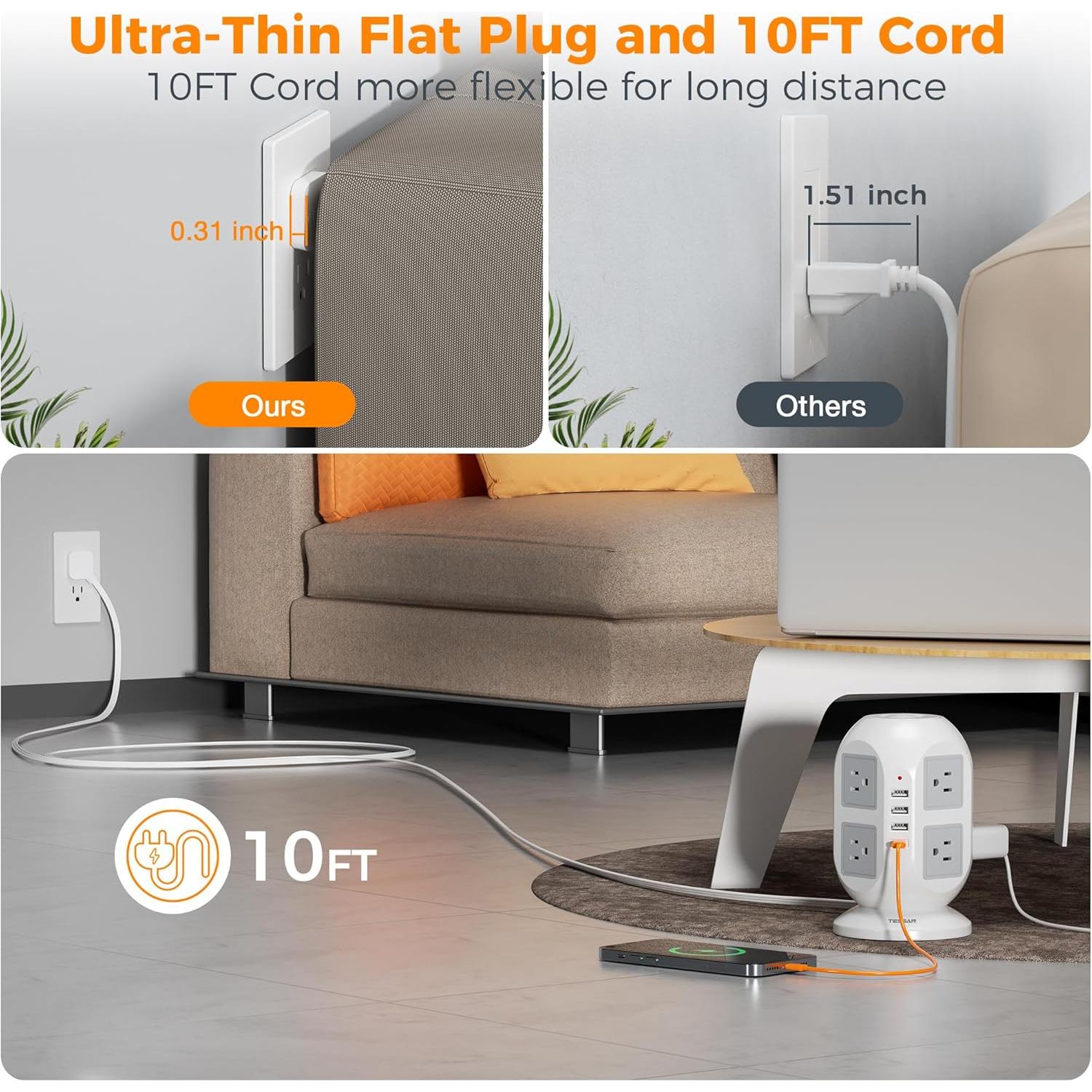 Regleta TESSAN 10m 12 en 1 con 8 Salidas y 4 USB