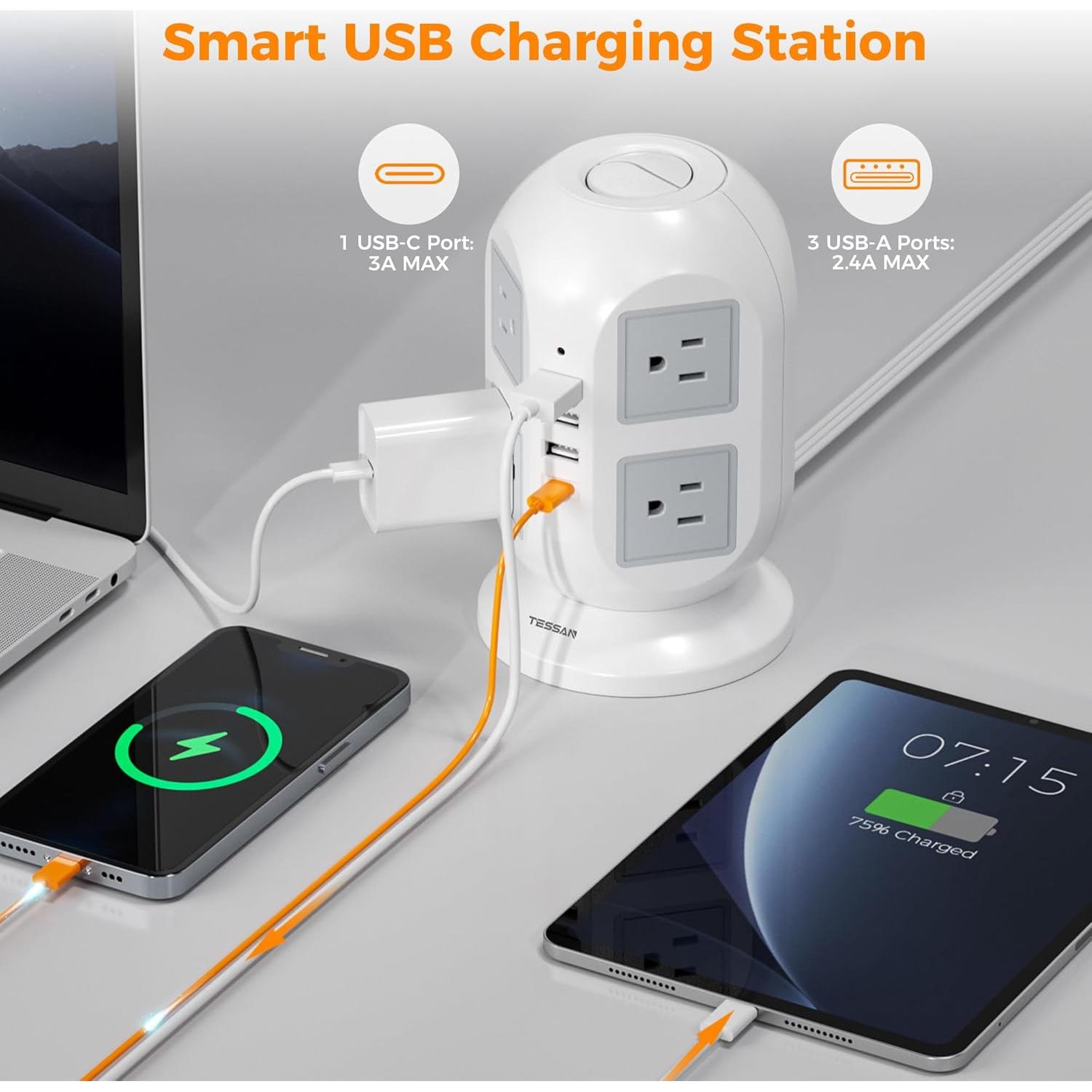 Regleta TESSAN 10m 12 en 1 con 8 Salidas y 4 USB