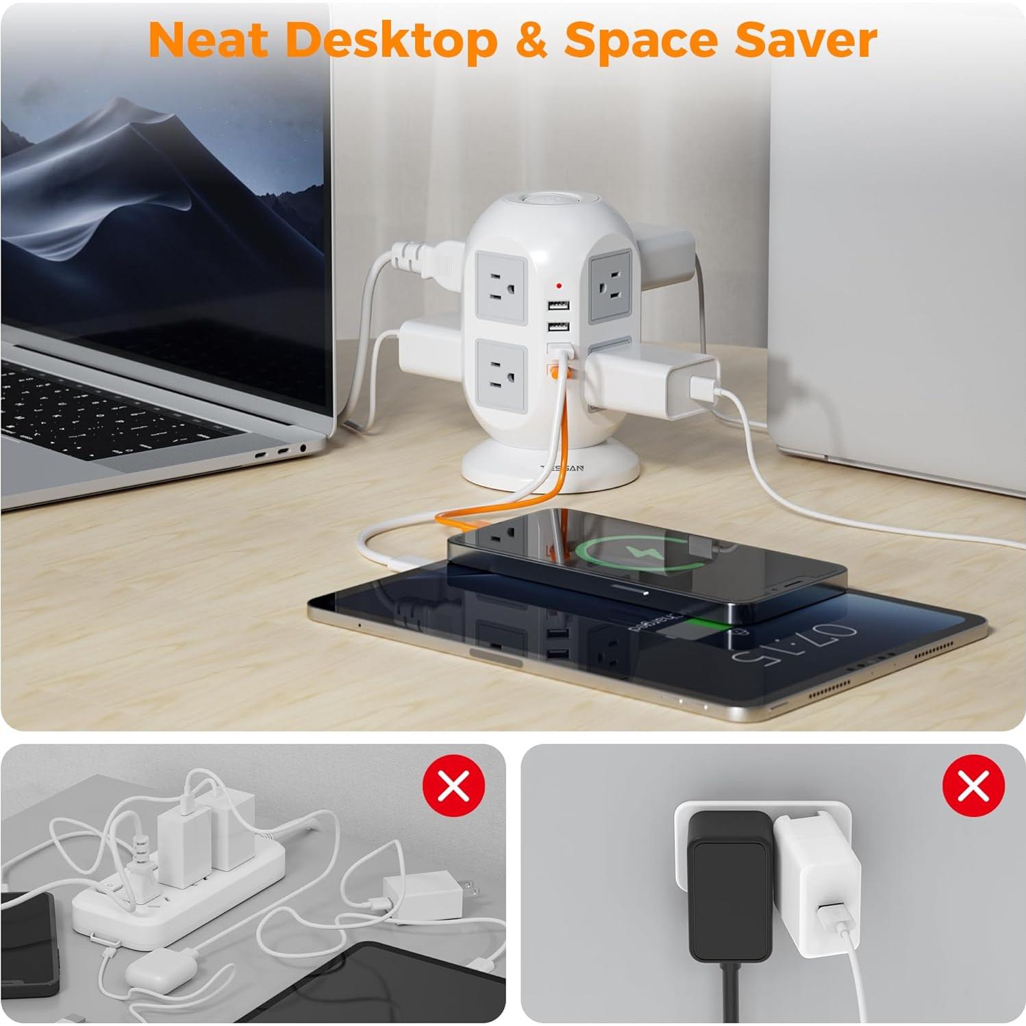 Regleta TESSAN 10m 12 en 1 con 8 Salidas y 4 USB