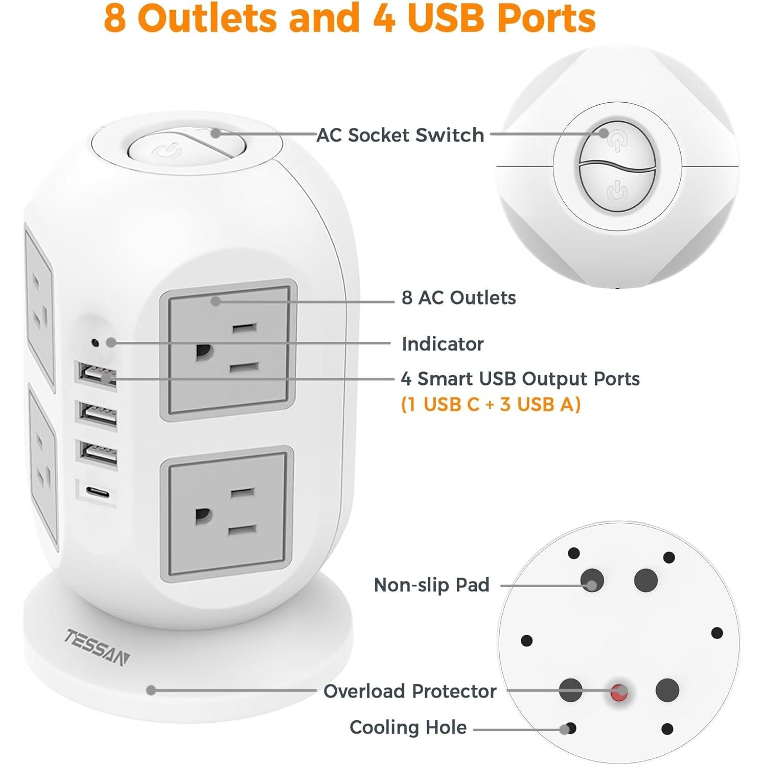 Regleta TESSAN 10m 12 en 1 con 8 Salidas y 4 USB