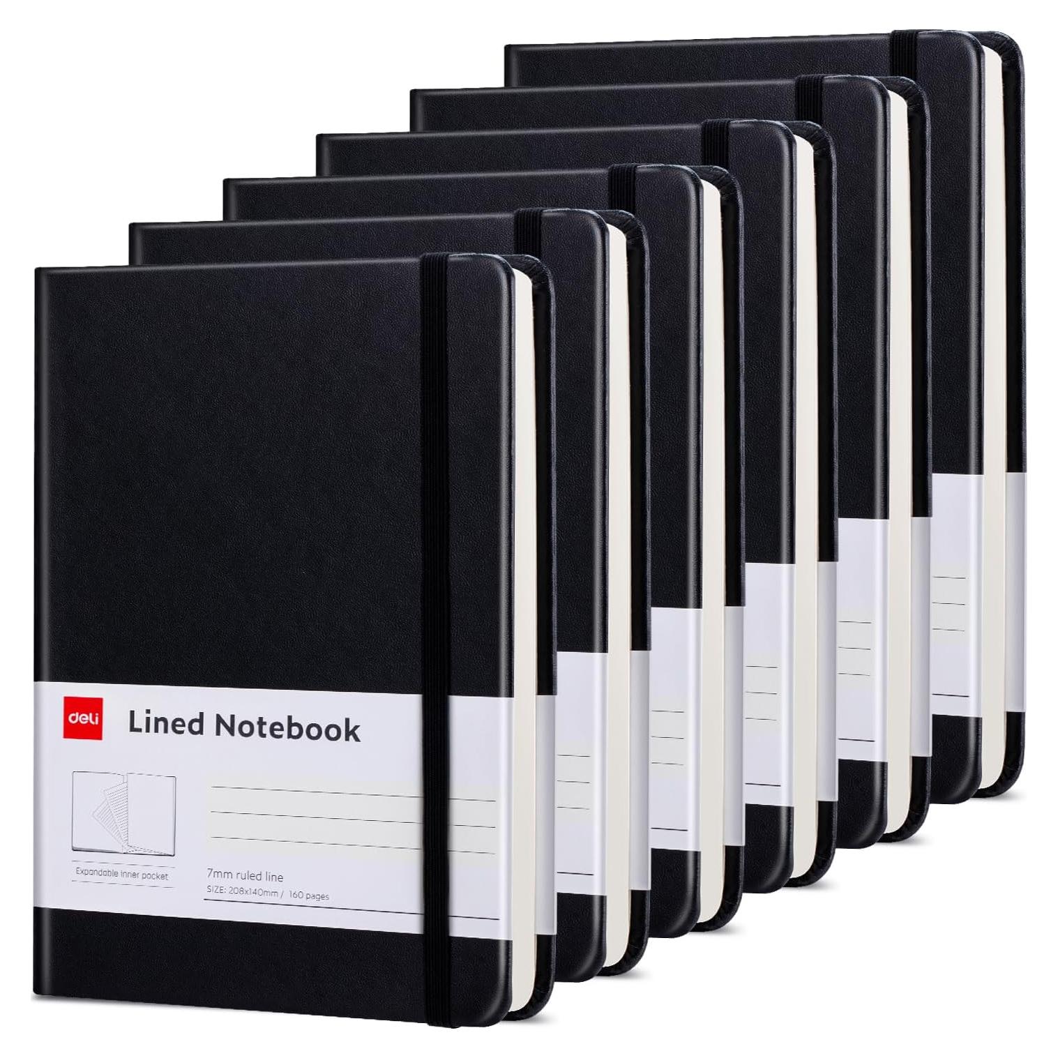 Cuaderno Deli A5 Tapa Dura Rayado Negro 160 Páginas - Paquete 6
