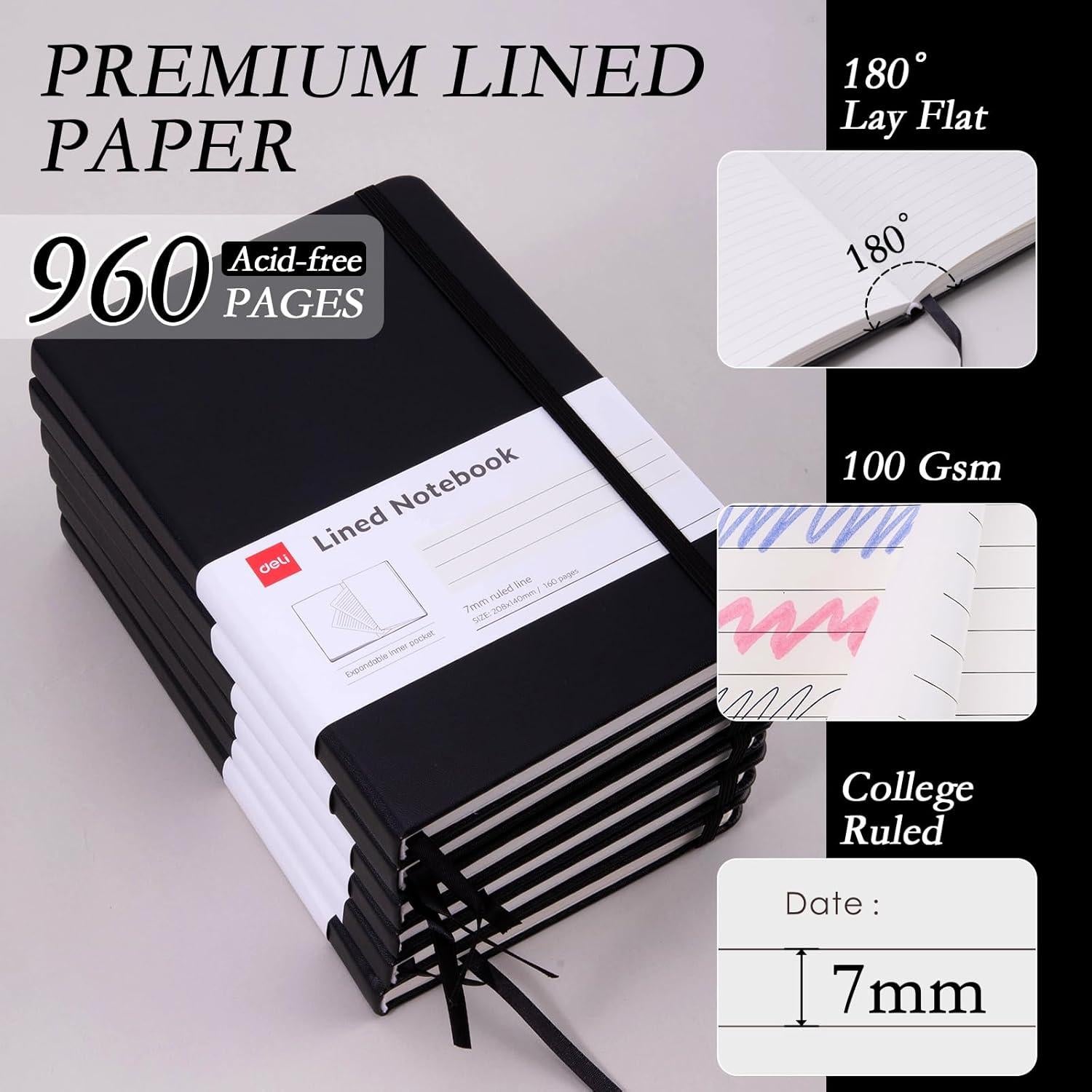 Cuaderno Deli A5 Tapa Dura Rayado Negro 160 Páginas - Paquete 6