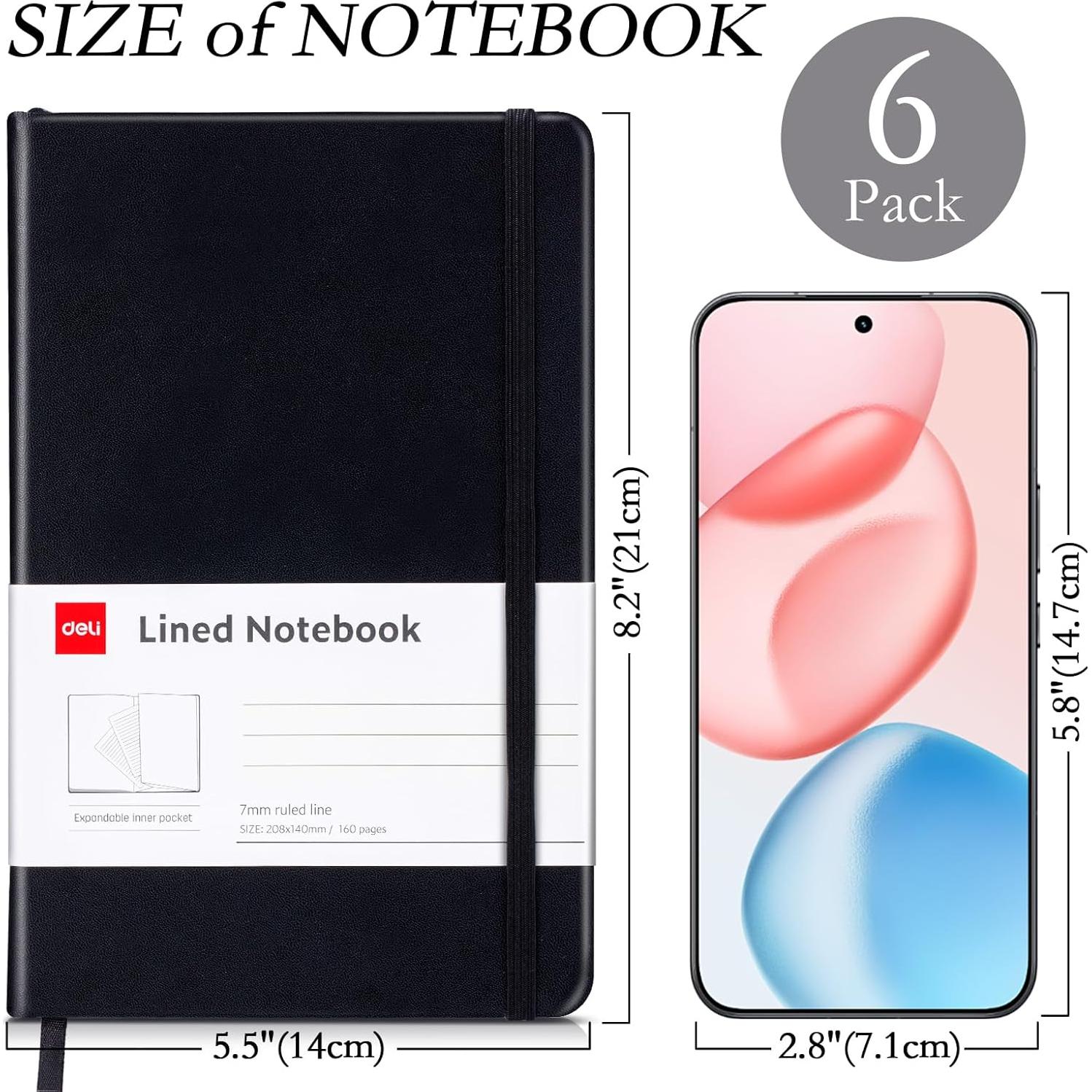 Cuaderno Deli A5 Tapa Dura Rayado Negro 160 Páginas - Paquete 6