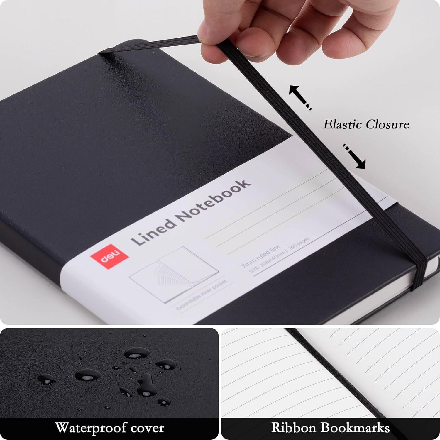 Cuaderno Deli A5 Tapa Dura Rayado Negro 160 Páginas - Paquete 6