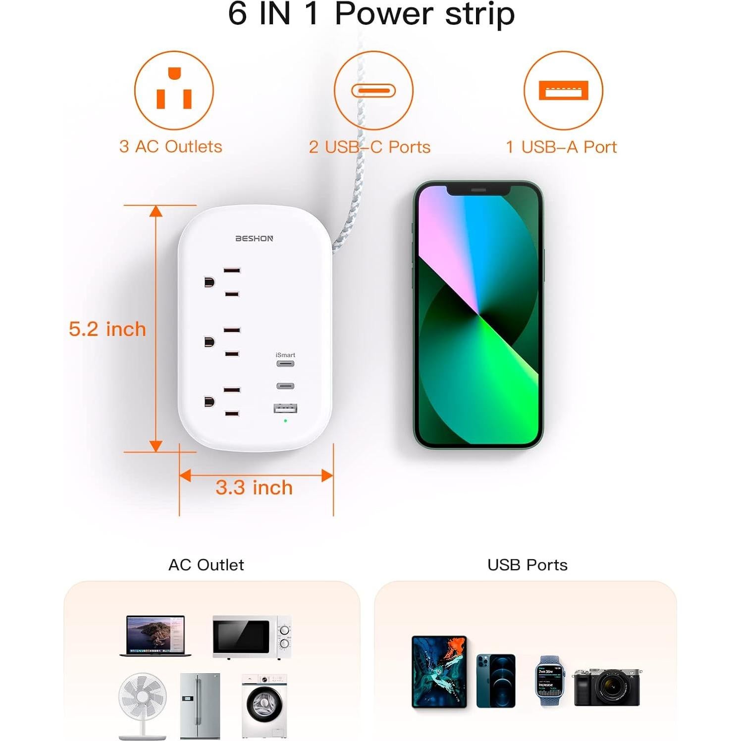 Regleta BESHON 3 Salidas y 3 USB-C, Cable 0.97m